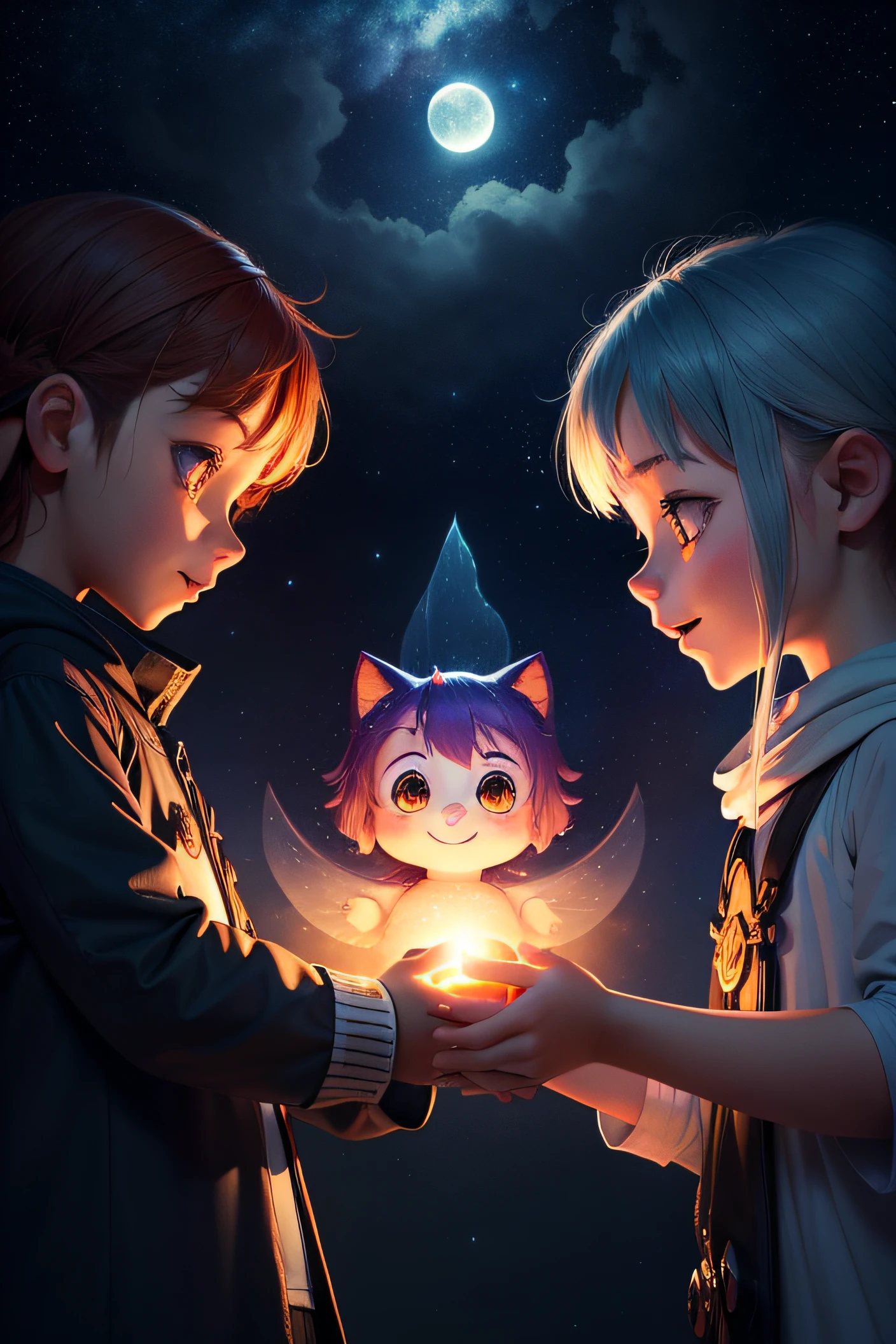"Crie uma imagem com uma atmosfera encantadora e infantil. Nessa imagem, inclua os personagens, both exploring a night scene full of wonders. Add a starry sky with smiling stars and a friendly watching moon. Ademais, Insert a translucent spirit with a friendly and bright appearance, as a magical guide on the night journey. Use soft, vibrant colors to create a cheerful and magical environment that resonates with children's audiences. Let your creativity flow and capture the sense of adventure and mystery that the book conveys."