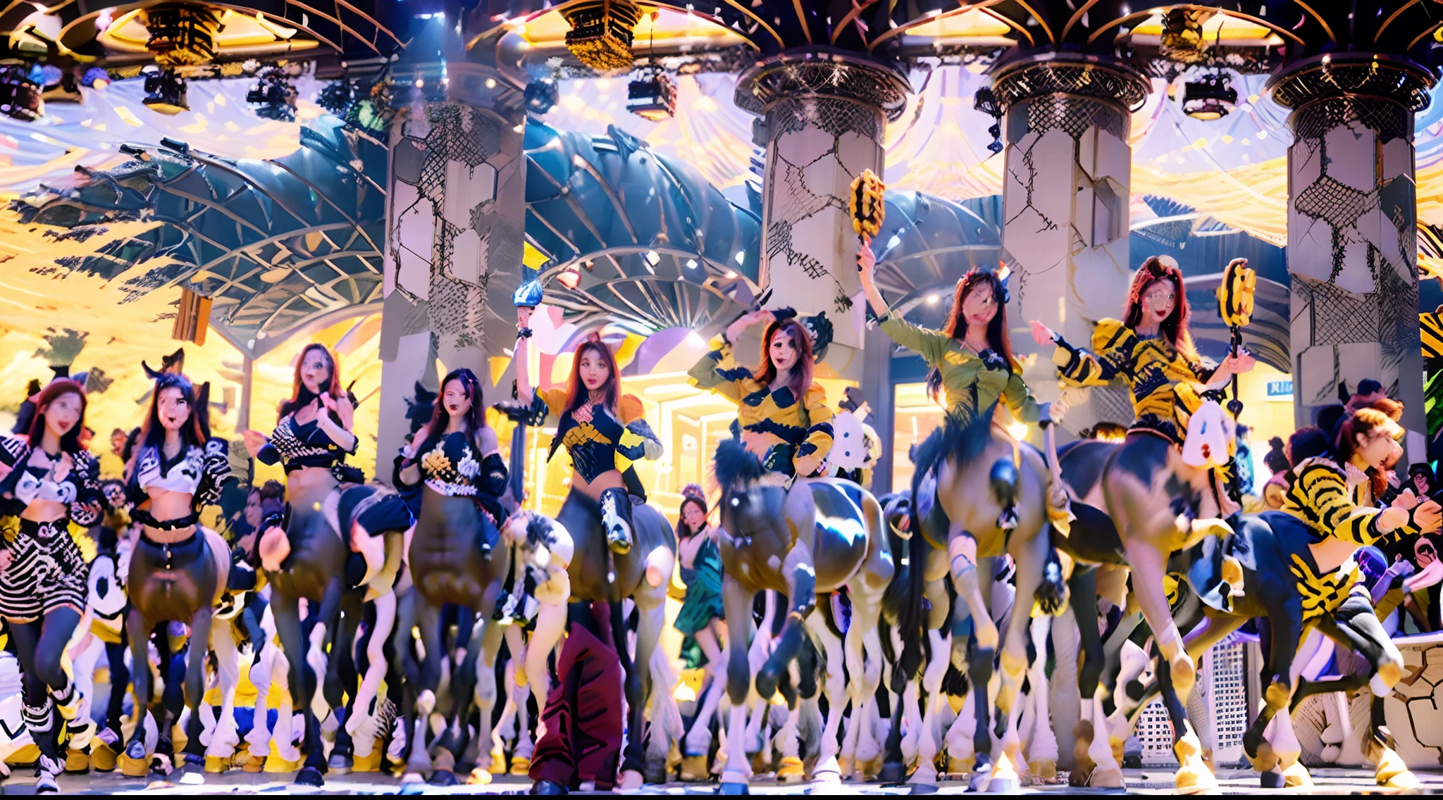 In the beautiful illustration of this super-grand scene,The ultra-distant shot shows eight unique centaur characters,They all have their own characteristics,Vivid and interesting。Radiant angelic centaurs from the heavenly realm,To the hellish centaurs surrounded by nightmarish flames,And then to the Wind Immortal Centaur dancing in the air,There are also one-horned centaurs surrounded by thunder and lightning,and mechanical centaurs that shine with metallic light,And then to the powerful dragon centaur with colored dragon scales covering the whole body,The elegant and agile elf centaur always wears a flower crown with its slender and graceful lines,Enchanting and charming Tiflin centaurs。Each character has their own unique charms and abilities。The illustration uses advanced artistic techniques and tools,Divide the scene into sections by geometric arrangement,Each section corresponds to a centaur character,This makes more efficient use of space。Through Midjourney's advanced brush tools、Color palette、Material packs and model packs,Exquisite costumes and equipment are designed for each centaur,Enhances the character's personality and visual appeal。The scenery in the illustrations is stunning,There are changing skies、rainbowing、extreme light、Stars and Moon。Incorporating iconic landmarks such as Mount Everest,and fireworks、tranquil lake、Natural and urban elements of waves and neon lights,Creates a magical atmosphere。The centaurs showed off their skills and equipment in a variety of environments,This is true even in extreme alien landscapes。Midjourney's tools make depicting details vivid and realistic,From intricate hairstyles and clothing to authentic textures,Enhances the realism of the characters and surroundings。The fusion of multiple art styles adds movement to the centaur's movement at all angles,The overall visual experience is further enriched。The final illustration was described as a "masterpiece",It has the characteristics of "best quality" and "realistic",The d