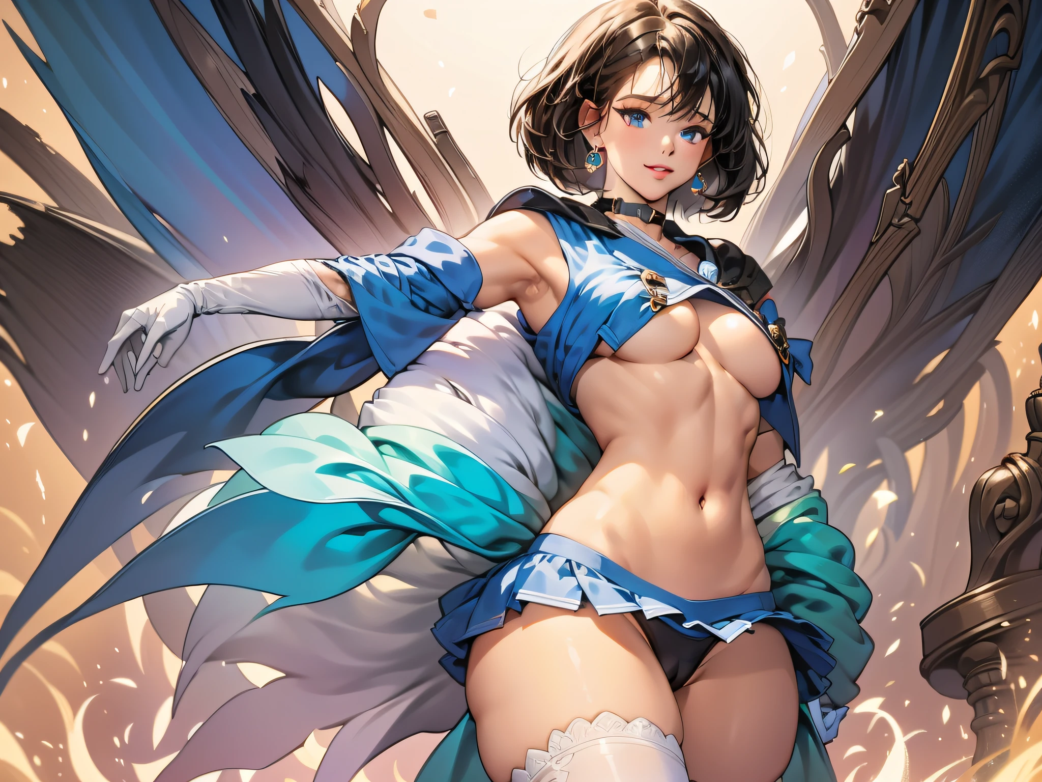 masterpiece, best quality, highres, mer1, tiara, sailor senshi uniform, blue sailor collar, bow, knee boots, choker, white gloves, blue choker, elbow gloves, jewelry, earrings, blue skirt, (underboob:1.3), large breasts, navel, cowboy shot, embarrassed, crotchless thong, crotchless panties, upskirt, from below, cameltoe, erotic, surrounded by machinery and big screens, technological background.