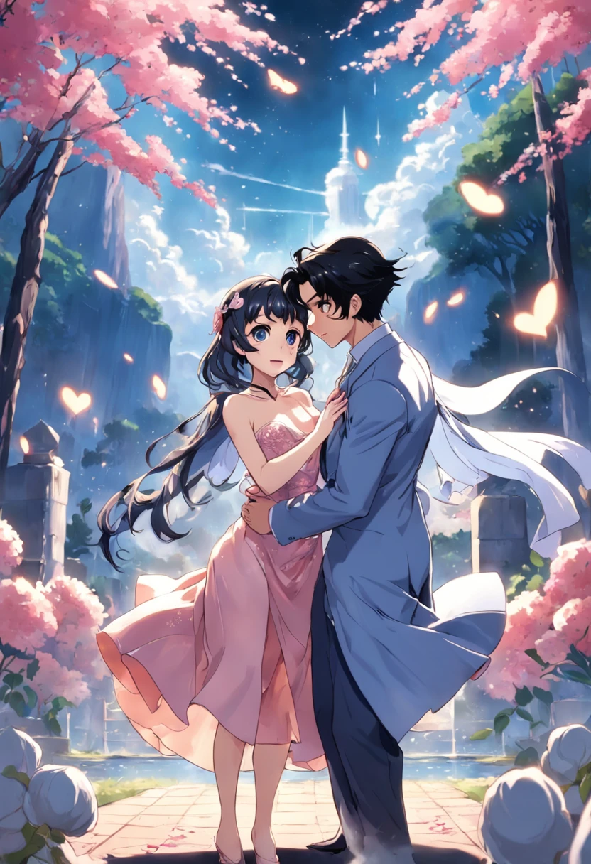 Wedding scene, style of anime, The boy knelt down and proposed, epic, immensity, full bloom, Cleavage is seductive, icecream, A majestic, Ava Gardner, Fay Wray,, frenzied, delight, ultra - detailed, octan render, Hollow, brightly, Loves, lachend, araki, sorayama