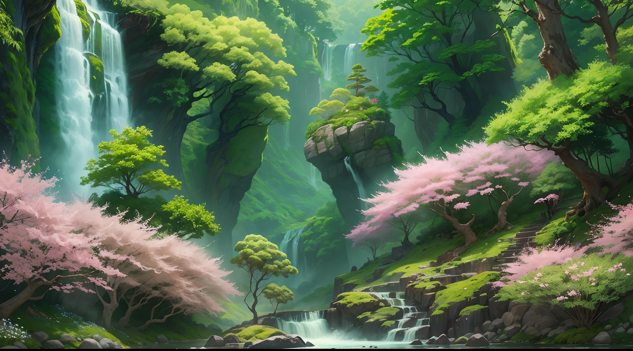 (Masterpiece, best quality, 8K, high res, ultra-detailed), A scene of a waterfall cascading down a high cliff amongst lush greenery, adorned by vibrant flowers, no humans, (blooming sakura trees), beautiful view, ultra-detailed, fine detailed, highly detailed, intricate, highly detailed, ultra-detailed, scenery,no humans, lush green mountains, winding rivers, misty atmosphere, solitary, intricate details, delicate features, verdant trees, blooming flowers, druid's circle, soft moss, deep forest, intricate leaves and vines, wisps of light, still pool of water, pristine, verdant green, A picturesque scene of a waterfall cascading down a high cliff amongst lush greenery, adorned by vibrant flowers, towering pines, and delicate bamboo groves.