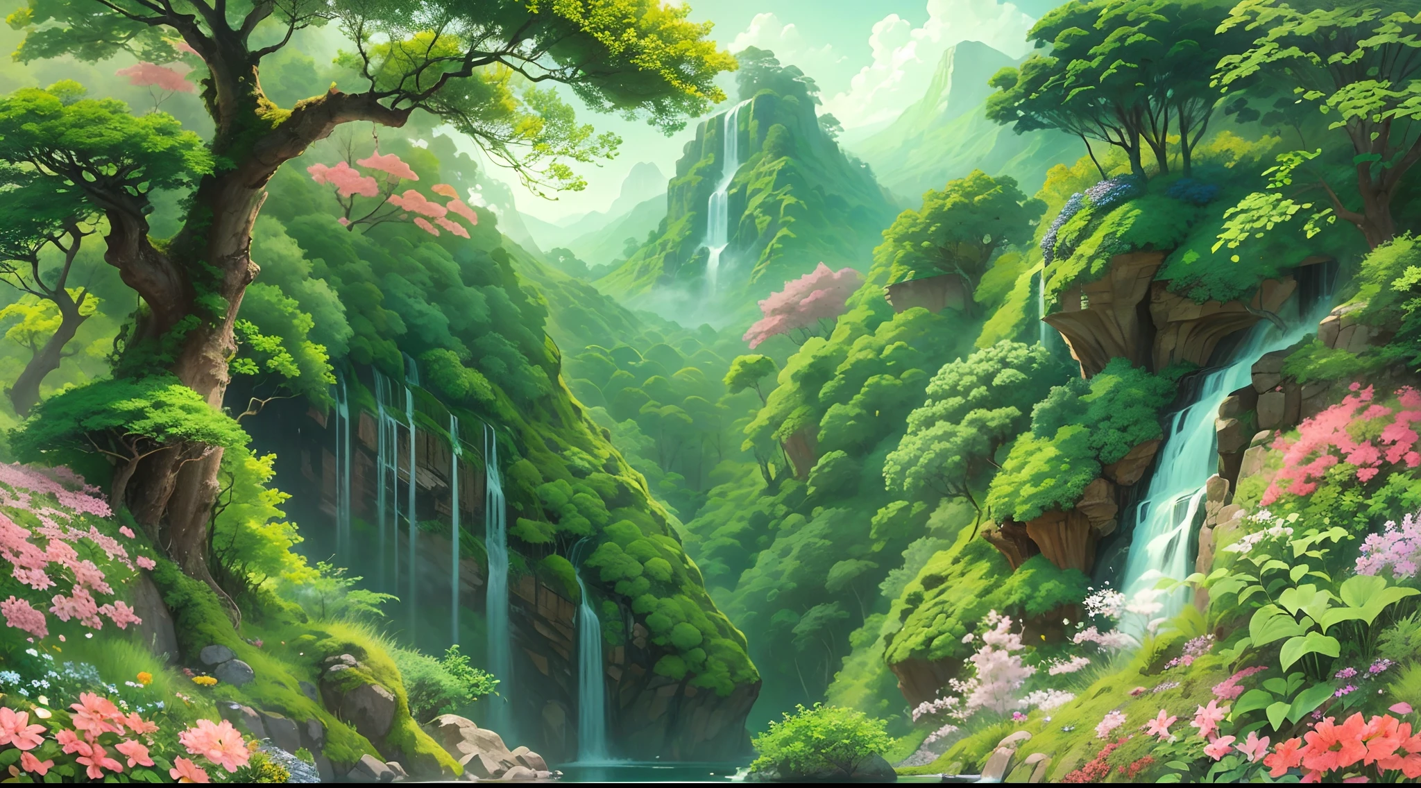 (Masterpiece, best quality, 8K, high res, ultra-detailed), A scene of a waterfall cascading down a high cliff amongst lush greenery, adorned by vibrant flowers, no humans, (blooming sakura trees), beautiful view, ultra-detailed, fine detailed, highly detailed, intricate, highly detailed, ultra-detailed, scenery,no humans, lush green mountains, winding rivers, misty atmosphere, solitary, intricate details, delicate features, verdant trees, blooming flowers, druid's circle, soft moss, deep forest, intricate leaves and vines, wisps of light, still pool of water, pristine, verdant green, A picturesque scene of a waterfall cascading down a high cliff amongst lush greenery, adorned by vibrant flowers, towering pines, and delicate bamboo groves.