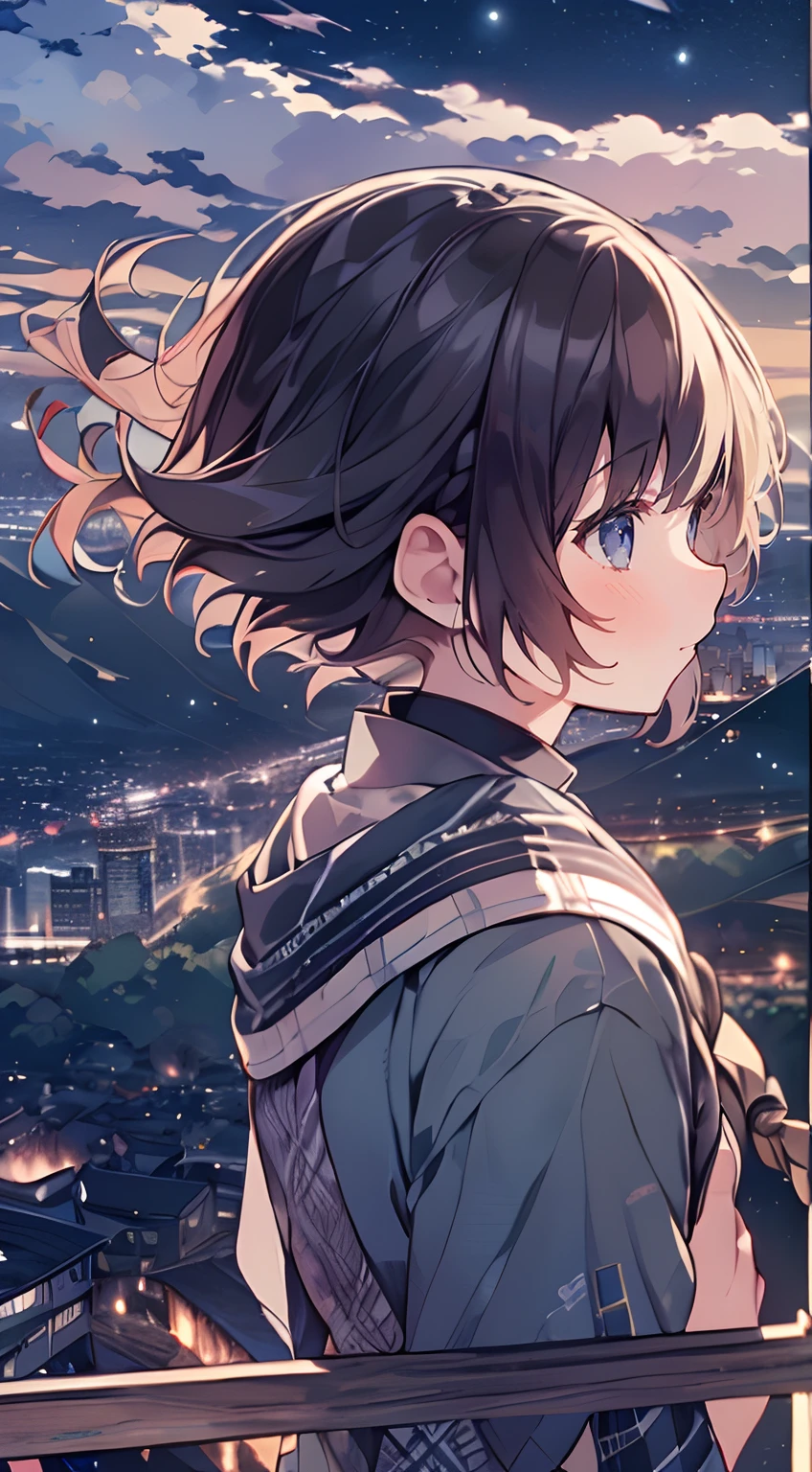 masutepiece, Best Quality,Illustration, Wallpaper, Ultra Detail, absurderes, 1girl in、 (Medium short hair、short braided hair), Beautiful ultra-detailed eyes , Hair fluttering in the wind、Smaller head、Beautiful night sky、(a panoramic view:1.5)