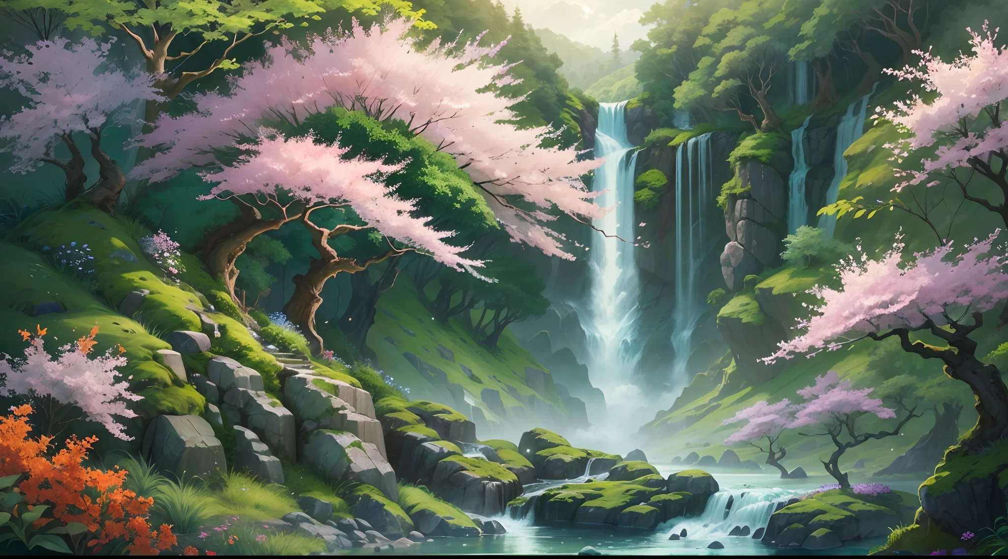 (Masterpiece, best quality, 8K, high res, ultra-detailed), A scene of a waterfall cascading down a high cliff amongst lush greenery, adorned by vibrant flowers, no humans, (blooming sakura trees), beautiful view, ultra-detailed, fine detailed, highly detailed, intricate, highly detailed, ultra-detailed, scenery,no humans, lush green mountains, winding rivers, misty atmosphere, solitary, intricate details, delicate features, verdant trees, blooming flowers, druid's circle, soft moss, deep forest, intricate leaves and vines, wisps of light, still pool of water, pristine, verdant green, A picturesque scene of a waterfall cascading down a high cliff amongst lush greenery, adorned by vibrant flowers, towering pines, and delicate bamboo groves.