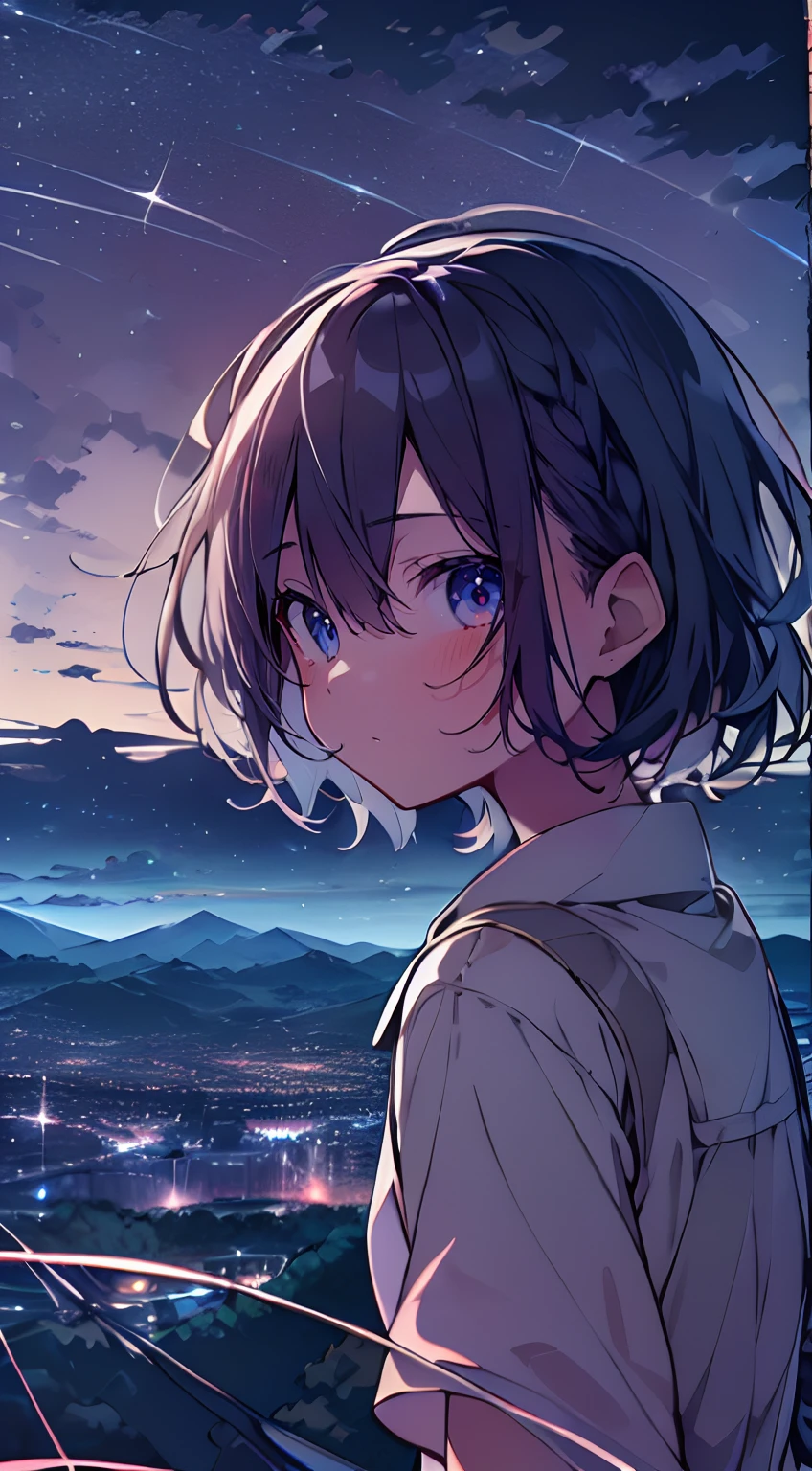 masutepiece, Best Quality,Illustration, Wallpaper, Ultra Detail, absurderes, 1girl in、 (Medium short hair、short braided hair), Beautiful ultra-detailed eyes , Hair fluttering in the wind、Smaller head、Beautiful night sky、(a panoramic view:1.5)
