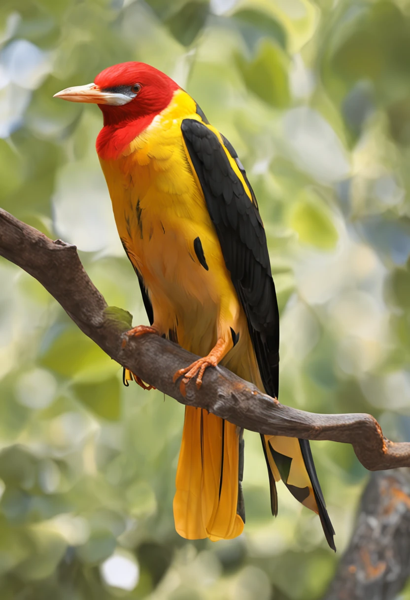 There is a bird like yellow turpial,Black and orange perched on a tree, Renderizado realista natural, Fotorrealista altamente detallado, render fotorrealista, Arte conceptual fotorrealista, Render hiper real, Renderizado 3D realista rojo, Aves f CGsociety, Imagen fotorrealista, fotorrealista altamente detallado, Renderizado detallado hiperrealista, Imagen detallada fotorrealista, Red bird, super detailed render, Renderizado de alta calidad