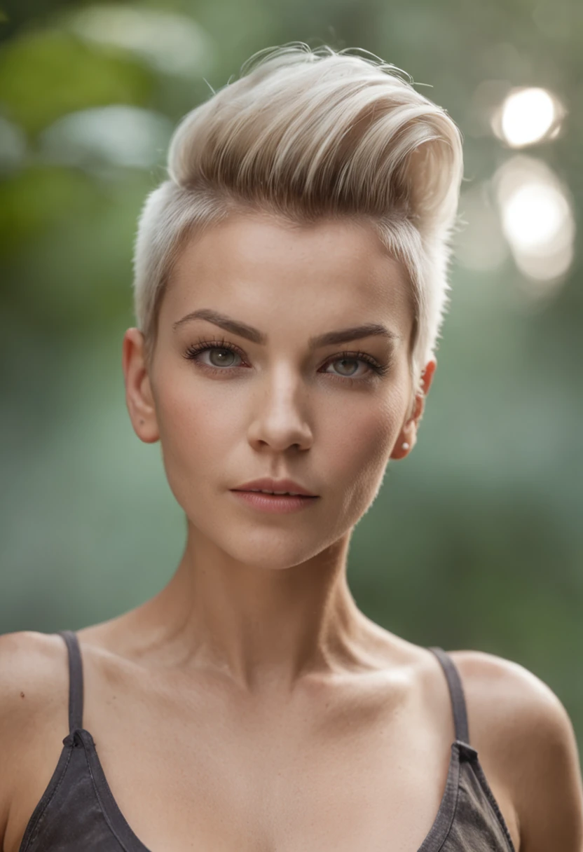 Photograph of beautiful woman with mohawk hair standing in Nordic garden, endomorfo fitness, com cabelos longos, cacheados, macios e exuberantes, detailed symmetrical eyes, Belo rosto detalhado, pele extremamente detalhada com poros, fundo do Upper Valhalla Garden com luz cintilante, sonhador, 16k, cinema 4D renderizado, por Greg Rutkowski