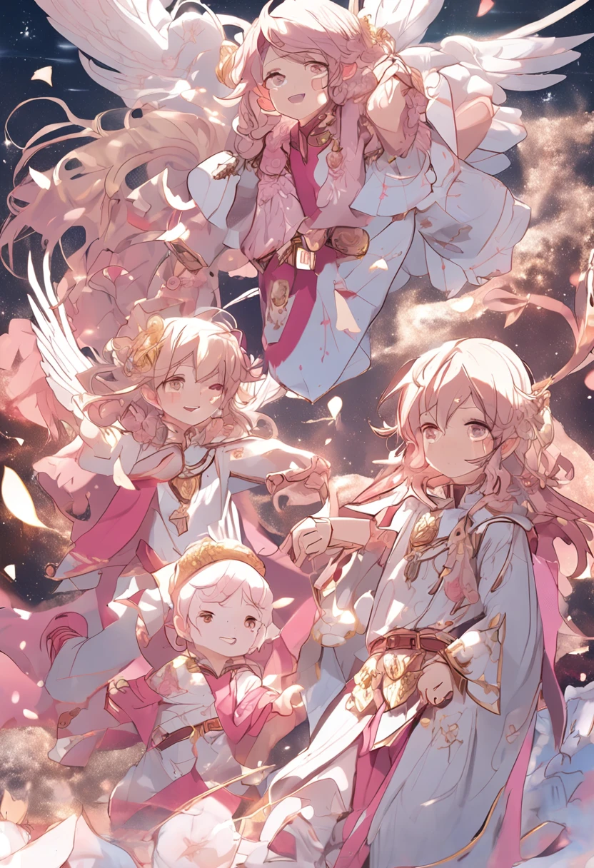 (masterpiece, best quality),Soar among the stars，Air，flight，Fly in the air，Floating ice cubes，Golden feathered wings，Pink briefs，Male children,nakeness,Kid's face，Flat chin，infancy,(Kid's face),Pink belly hair,Pink chest hair,Pink pubic hair,Flat chin,Fine face in detail,White men's briefs,musculous,pink short hair,Bright Hair,White eyes,Keep your eyes wide open,nakeness,White briefs,White briefs,Pectoralis abdominal muscles,Strong and well-developed muscles,spread their legs，legs are open，bright,Bright and vivid colors,(depth of fields:1.2),Positive audience,looking at viewert,the night