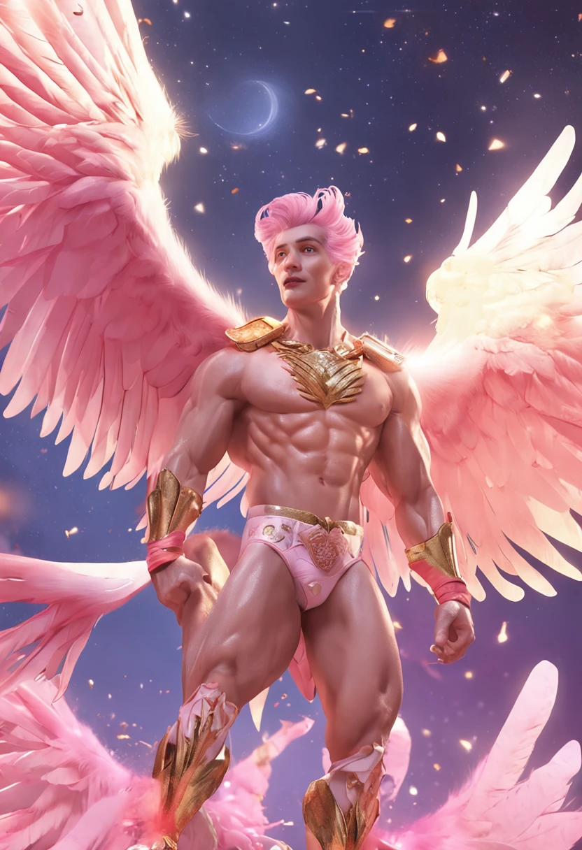 (masterpiece, best quality),Soar among the stars,Air,flight,Fly in the air,Floating ice cubes,Golden feathered wings,Pink briefs,Male ,nakeness,Kid's face,Flat chin,infancy,(Kid's face),Pink belly hair,Pink chest hair,Pink pubic hair,Flat chin,Fine face in detail,White men's briefs,musculous,pink short hair,Bright Hair,White eyes,Keep your eyes wide open,nakeness,White briefs,White briefs,Pectoralis abdominal muscles,Strong and well-developed muscles,spread their legs,legs are open,bright,Bright and vivid colors,(depth of fields:1.2),Positive audience,looking at viewert,the night