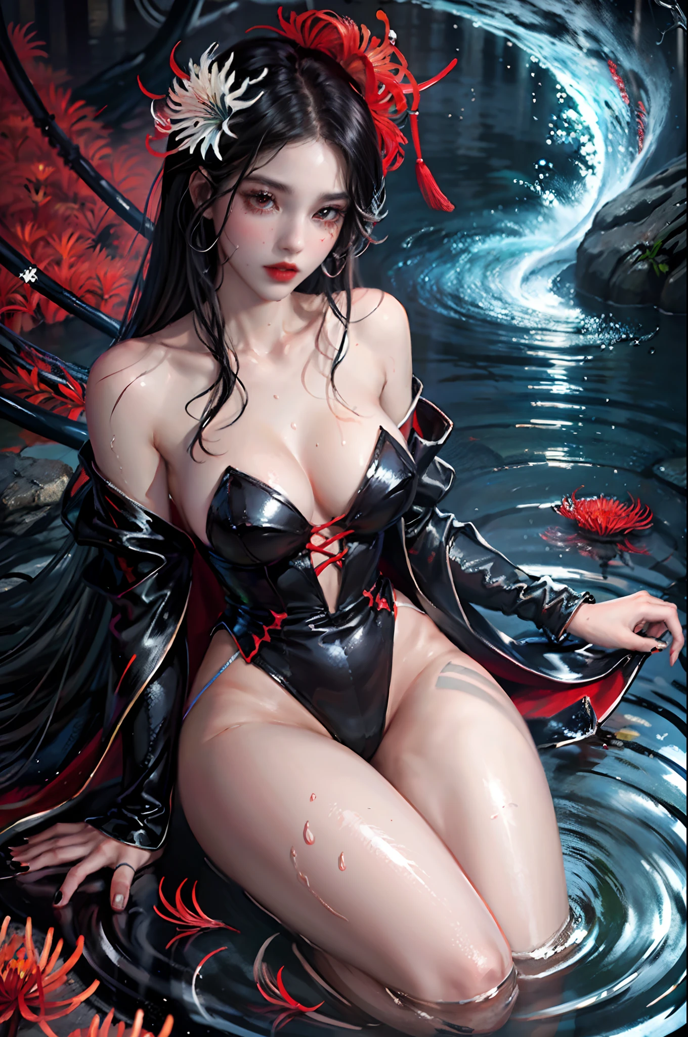 Masterpiece,  8K wallpaper, super detailed, portrait,(full body),
(1 girl:1.3),huge breasts:1.2,solo,//( long black hair:1.3)//,(Medium breasts), ((Perfect body)),//(Beautiful detailed red eyes: 1.3)//,(Back:1.4),(Wet body:1.15),
//kimono,(unbuttoned clothes),clavicle,off-shoulder//,sitting on liquid,
//[(the nether world),(dark:1.5),(in_the_river:1.2),on (blood:1.1),(red_river),((underworld)),(equinox flowers),(fog),blood_splatter, blood_river,(red_flower:1.2),(blood_wavy:1.3), (spider_lily:1.3),(ghosts,blue_fire:1),(ripples:1),(paddle:1),((surrounded by beautiful detailed spider_lily:1.3)),shiny]//