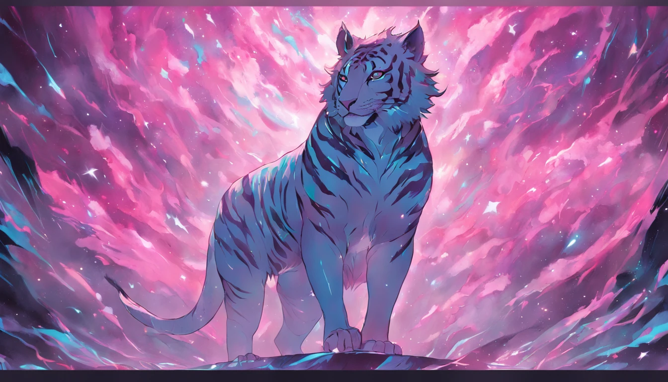 knollingcase, a solo full body were-tiger/man[buff, muscular, (pink and teal striped)], (((vibrant, photo realistic, realistic, dramatic, sharp focus, 8k))).  In the vibrant glow of the cosmos, a young furry with an ethereal and devilish demeanor emerges, his features bathed in the lunar glow. His fur, pink and teal striped, reflecting like a mirror, the starlit night. Within his captivating gaze, galaxies swirl, vibrant hues of cosmic dust and celestial wonders painting a mesmerizing tapestry in shades of blue. Adorning his maw, ferociously caging, are a pair of sabertooth fangs, a sharp addition that adds a feral touch to his captivating gaze. His presence evokes a sense of  pride, drawing the viewer into a realm where darkness and beauty intertwine. As his presence commands attention, the enigmatic allure of this captivating figure captivates the imagination, inviting contemplation of the hidden depths that lie beneath his captivating gaze.