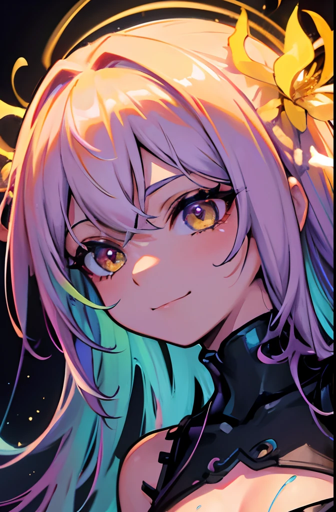 plateau , Small fireflies flying around , appearance々Flower garden with blooming flowers, Pink and yellow gradient color hair, Small fireflies flying around, With the dawn sky, Skin highlight, Sharp Focus, Golden Eyes, Highly detailed eyes, James C Christensen, Full eyelashes, ,(Dim smile), (Colorful neon lights in oil splash style), contour lines,hyperdetailed intricately detailed, Unreal Engine,Fantastic beauty, intricate detailes, Complementary color scheme, fantasy-inspired, 8K resolution, Digital Art Deviant Art Masterpiece, (Oil Painting) , heavy strokes, Paint dripping,splashart, Highlights of 7 shiny prism colors that look wet, 7 prism color high overlays ,Ultra HD masterpiece, Complex 3D Rendering Ultra Detailed Beautiful, High contrast,