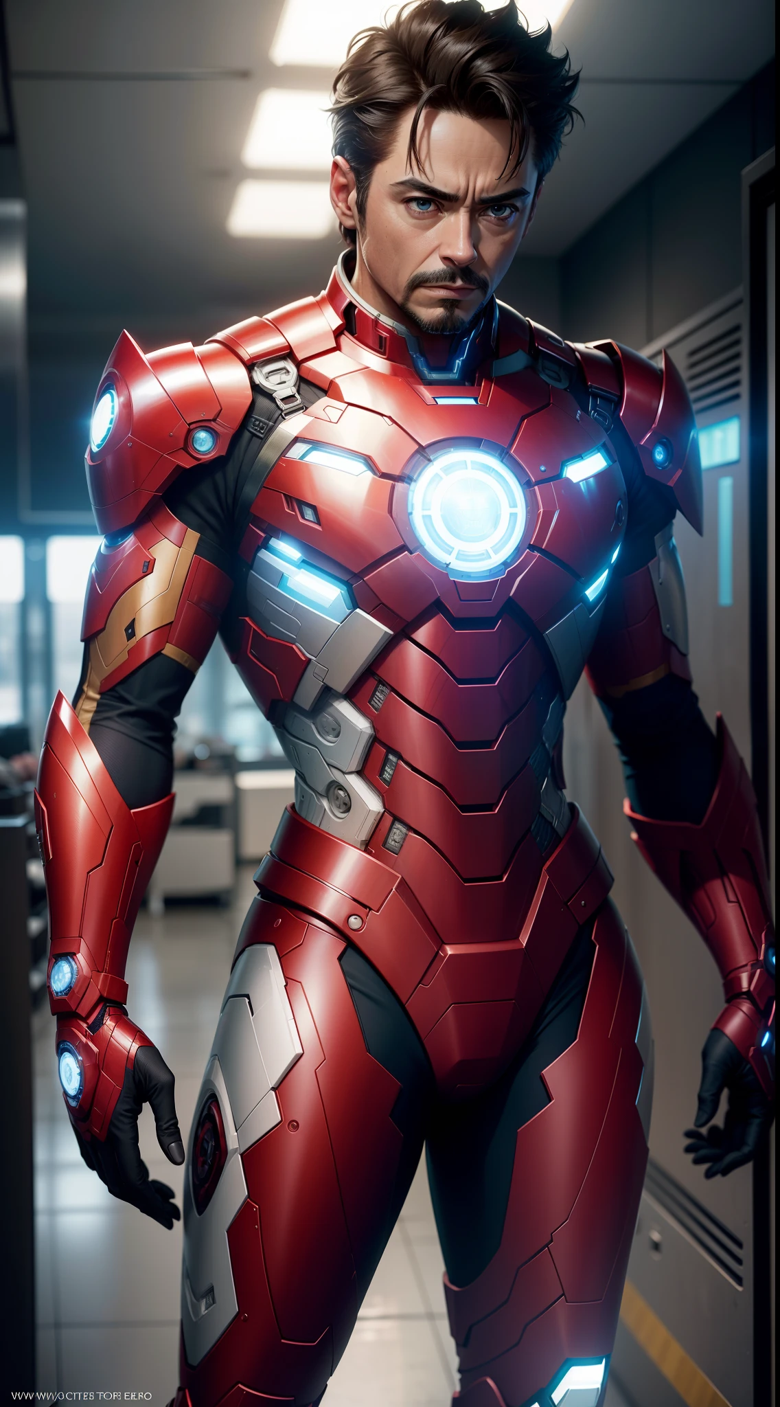 Tony Stark em sua oficina, surrounded by technological equipment and metal parts. He's on his feet, vestindo seu traje do Homem de Ferro completamente equipado, Ready to take action.
The suit is a work of advanced engineering, feito de metal polido e resistente. The pieces fit perfectly into your body, providing a sleek and powerful look. Every detail is carefully designed, with streamlined lines and subtle textures that give the suit a sophisticated look.
The costume is predominantly red and gold, com detalhes em prateado e preto. The red parts show the metallic sheen, enquanto os detalhes dourados acrescentam um toque de destaque e estilo.
The chest of the suit is marked by the intense light emanating from the arc reactor, que ilumina sutilmente o rosto de Tony Stark com um brilho azul.
Tony is inside Iron Man's helmet, which shows your concentrated and determined expression through the transparent display. The bluish-white eyes of the helmet add a futuristic air to the image.
No geral, the image depicts Tony Stark as Iron Man with precision and fidelity. His suit wraps around him like a technological second skin, transmitting the essence of the hero marked by innovation, Intelligence and determination.
