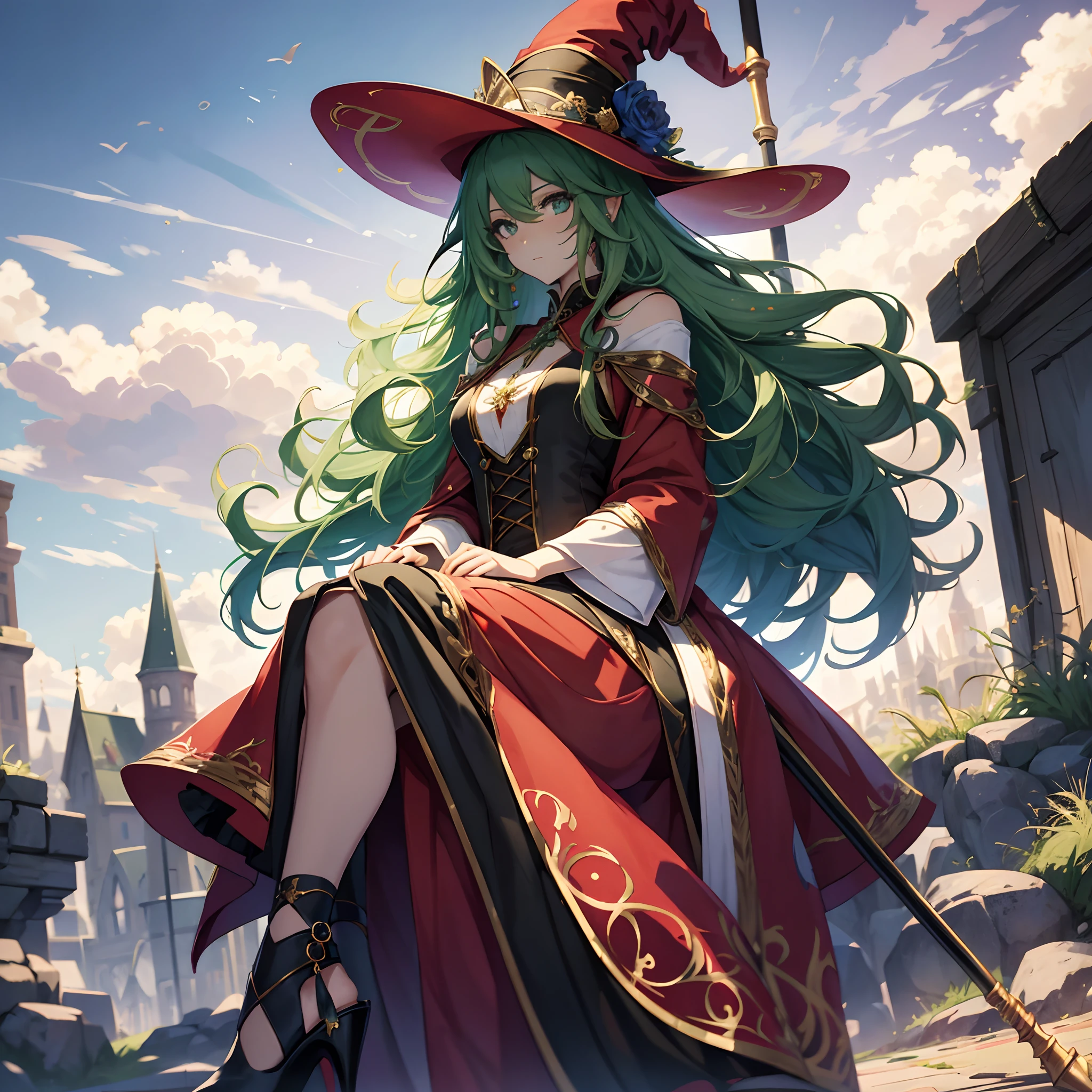 best qualityer，tmasterpiece，Ultimate resolution，downy，Extremely colorful，Colorful，Skysky，hilltop，（Red magic robe long dress），Long flowing green hair，The Witch，a matural female，（red high heel pumps），Sit on a magical broom，flight，Normal posture