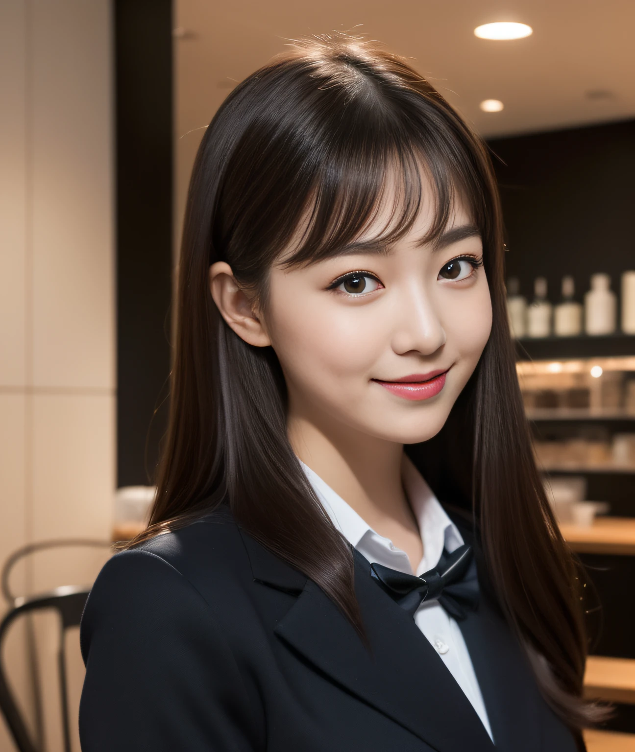((Best Quality, 8K, Masterpiece: 1.3)), a beauti, In addition, melon face, Friendly and cute, sweet smile, Pure desire, Slender body, (s whole body), (tilted head), ((looking at camera)), Medium Black Silky Straight Hair, Long flowing shoulders, round black big eyes, clear big eyes, moist red lips, Cafe shop background, ((full body shooting)), (A chalk pattern blazer, bows, Sock, High School Uniform: 1.2, ), (Middle breast)