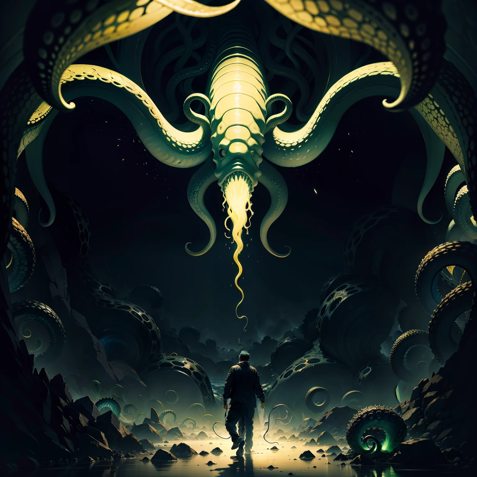 A painting shows a man struggling in the dark,Wriggle towards where there is God's light,Behind him is unknown in the darkness,Tentacles with mucus(Tentacles of destiny)Attack him,His expression was terrified。
