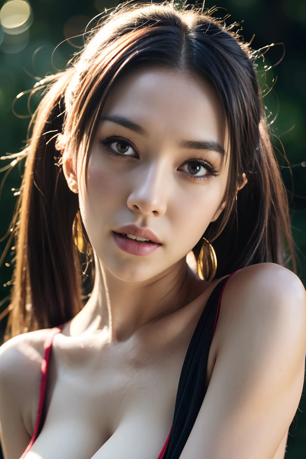 photorealism 16K realism ultra resolution quality, (Ultra-realistic proportional body, anatomically correct), (the most absurd quality perfect eyes), (intricately detailed beautiful face), (light pale complexion). BREAK, (ultra perfect eyes with absurd quality, extremely detail, ultra resolution, clear sharp focus, not blurry. Realistic brown_eyes:1.35), (finely quality, perfect round eyes), (finely detailed pupils), pink_makeup:1.3, red_lipstick:1.25, eyeliner, (perfect dark_eyeshadows:1.35), beautiful cheekbones, dramatic lighting, ((perfect composition)), pale skin, (dry skin), sexy stylish Korean model, only 1 female, (sexy doll-like appearance), ((hair combed smoothly:1.4)intricately detailed:1.4), ((tied in a high ponytail:1.45)), ((sexy Lolita cosplay:1.25)), unconventional skirt, petticoats, ((detailed embroidery)), (transparent PVC in the shade of ORANGE), ((Shiny ORANGE Transparent Holographic Full Bodysuit: 1.2)), cinematic light, detailed background of a large park with trees, dynamic pose、(shot to the knees), ((no decorations in the hair)), (dark shot:1.1), (firm normal full breasts),