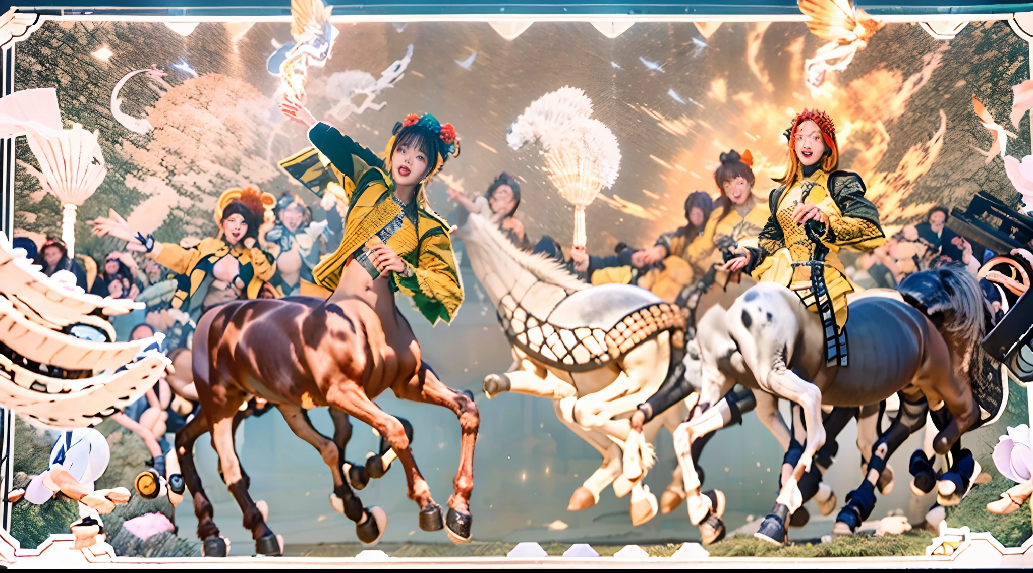 In the beautiful illustration of this super-grand scene，The ultra-distant shot shows eight unique centaur characters，They all have their own characteristics，Vivid and interesting。Radiant angelic centaurs from the heavenly realm，To the hellish centaurs surrounded by nightmarish flames，And then to the Wind Immortal Centaur dancing in the air，There are also one-horned centaurs surrounded by thunder and lightning，and mechanical centaurs that shine with metallic light，And then to the powerful dragon centaur with colored dragon scales covering the whole body，The elegant and agile elf centaur always wears a flower crown with its slender and graceful lines，Enchanting and charming Tiflin centaurs。Each character has their own unique charms and abilities。The illustration uses advanced artistic techniques and tools，Divide the scene into sections by geometric arrangement，Each section corresponds to a centaur character，This makes more efficient use of space。Through Midjourney's advanced brush tools、Color palette、Material packs and model packs，Exquisite costumes and equipment are designed for each centaur，Enhances the character's personality and visual appeal。The scenery in the illustrations is stunning，There are changing skies、rainbowing、extreme light、Stars and Moon。Incorporating iconic landmarks such as Mount Everest，and fireworks、tranquil lake、Natural and urban elements of waves and neon lights，Creates a magical atmosphere。The centaurs showed off their skills and equipment in a variety of environments，This is true even in extreme alien landscapes。Midjourney's tools make depicting details vivid and realistic，From intricate hairstyles and clothing to authentic textures，Enhances the realism of the characters and surroundings。The fusion of multiple art styles adds movement to the centaur's movement at all angles，The overall visual experience is further enriched。The final illustration was described as a "masterpiece"，It has the characteristics of "best quality" and "realistic"，The d