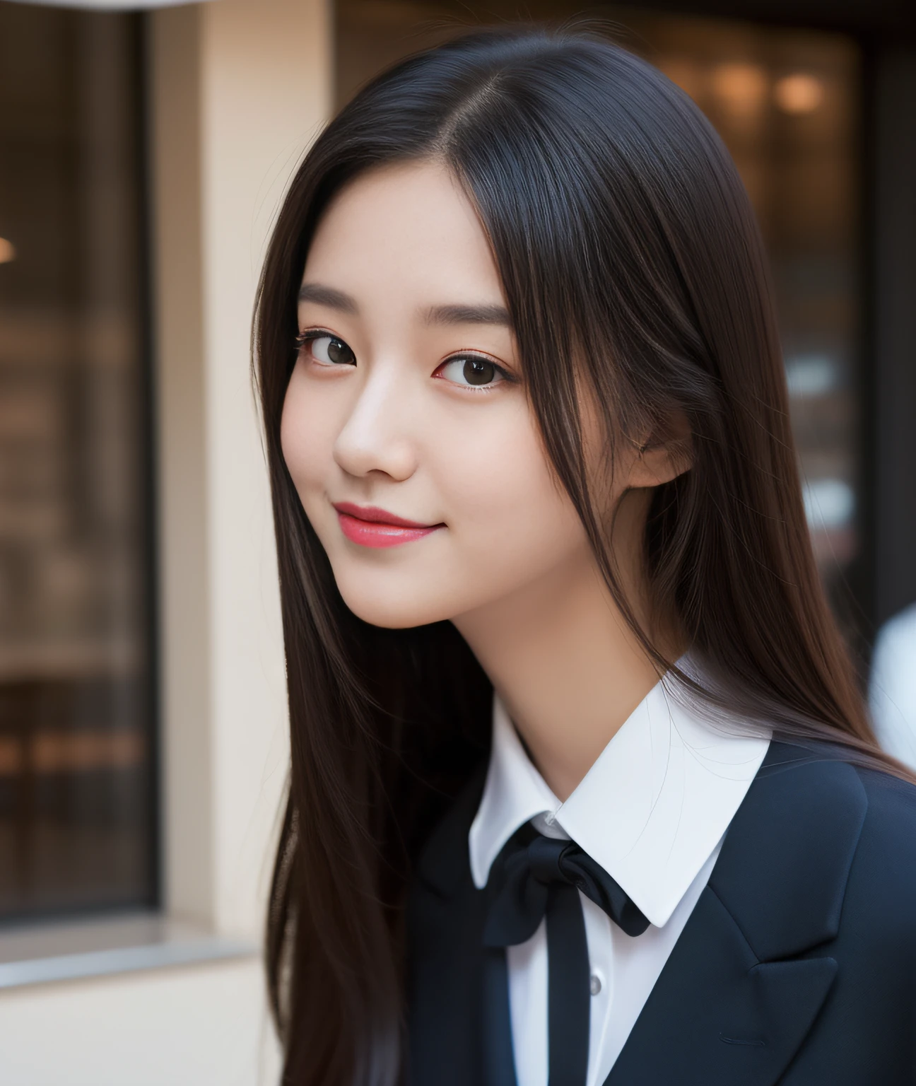 ((Best Quality, 8K, Masterpiece: 1.3)), a beauti, In addition, melon face, Friendly and cute, sweet smile, Pure desire, Slender body, (s whole body), (tilted head), ((looking at camera)), Medium Black Silky Straight Hair, Long flowing shoulders, round black big eyes, clear big eyes, moist red lips, Cafe shop background, ((full body shooting)), (A chalk pattern blazer, bows, Sock, High School Uniform: 1.2, ), (Middle breast)