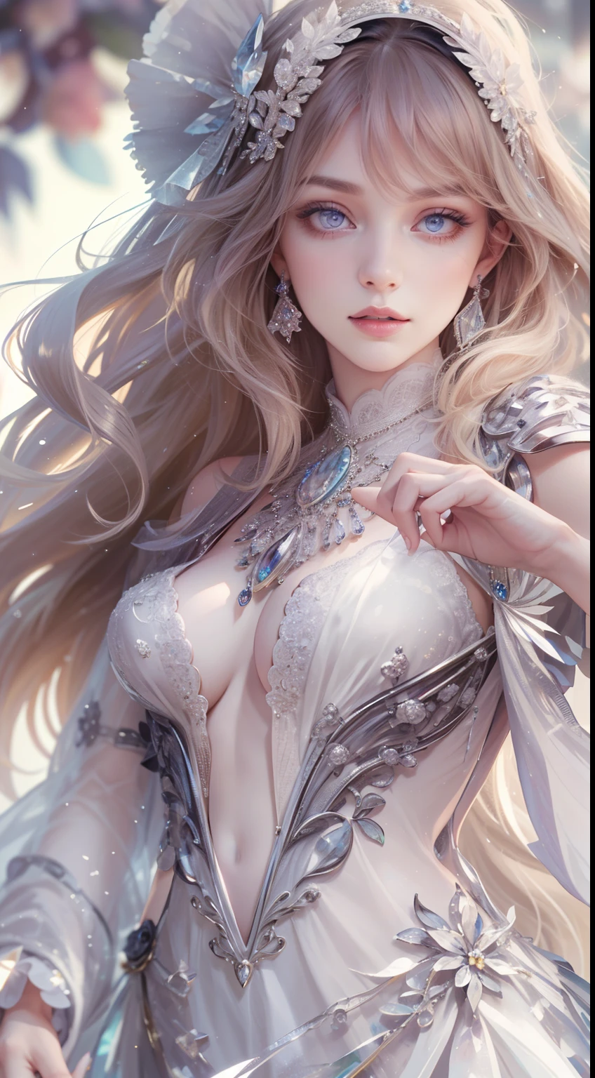 tmasterpiece, Highest high resolution,High-quality content, 8K quality photos with excellent detail, Perfect for presenting a dynamic bust of a noble maiden of 1, Do not appear on the hands,Delicate curves, Bend hair to create gorgeous and intricate fabric textures, Plain purple eyes, Delicate floral decoration, Sparkling crystal jewelry, Highly focused and subtle details。