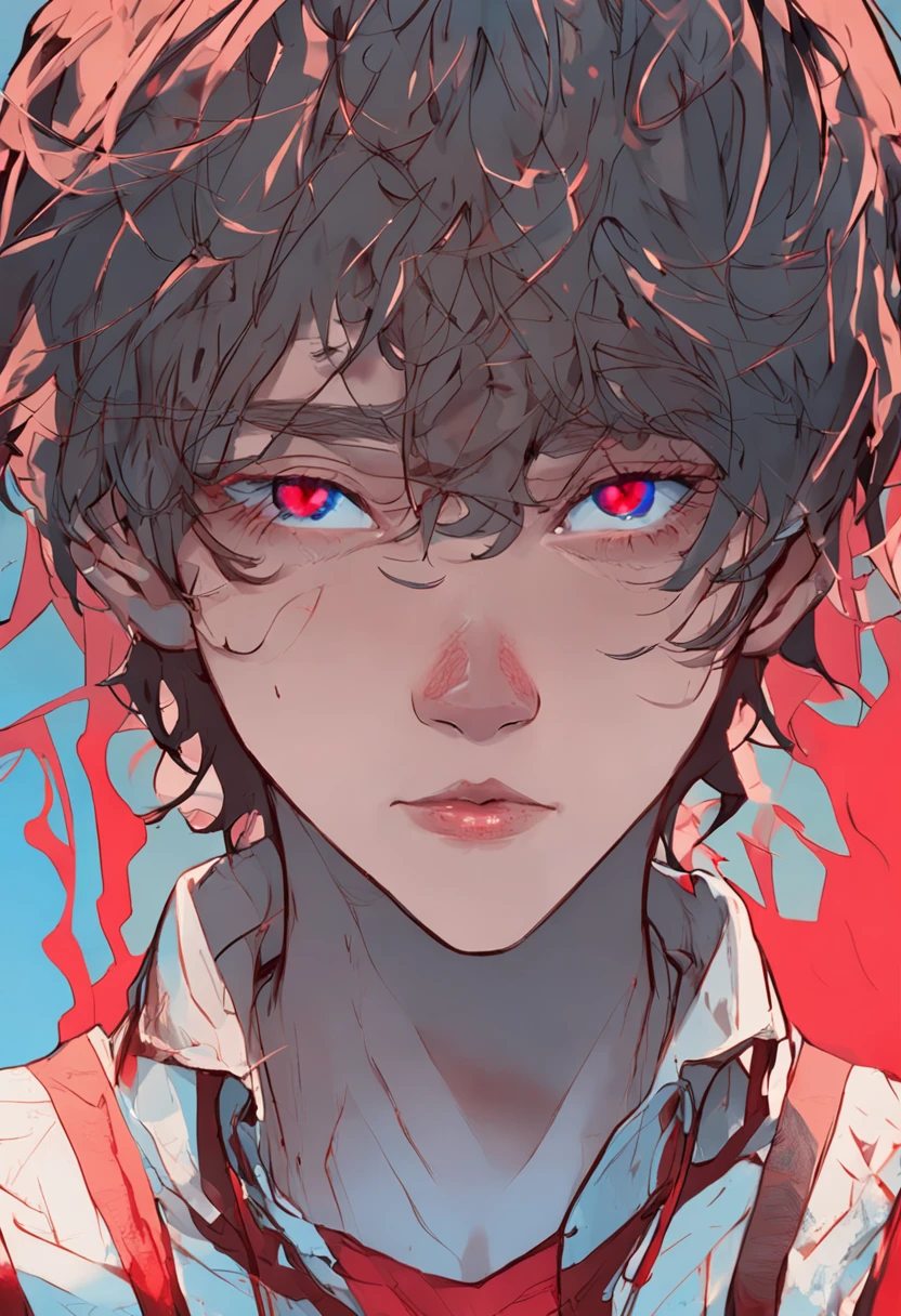 (Extremely detailed portrait of a pale boy with intense red hair and with iridis heterochromia+eyes red and blue)