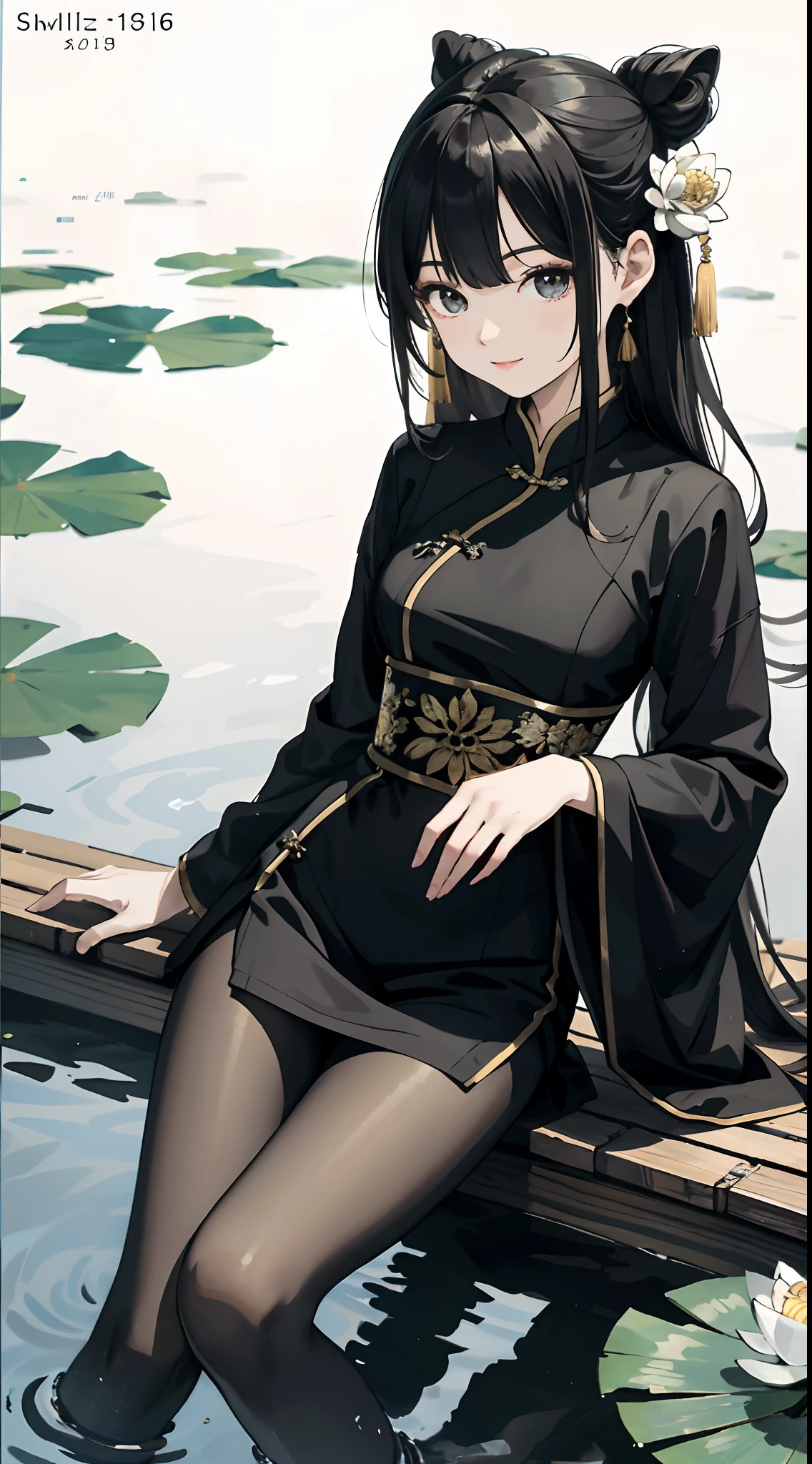 hoang lap，8K high resolution，ultra - detailed，（1girll：1.3），handpainted，Simple lines，16 year old girl in black Chinese dress，beuaty girl，In the lotus pond，tmasterpiece，Sit on a plank floating in the water，Floating hair，black pantyhoses，black pantyhoses，looking toward the viewer，ssmile，Holding an open fan in his hand