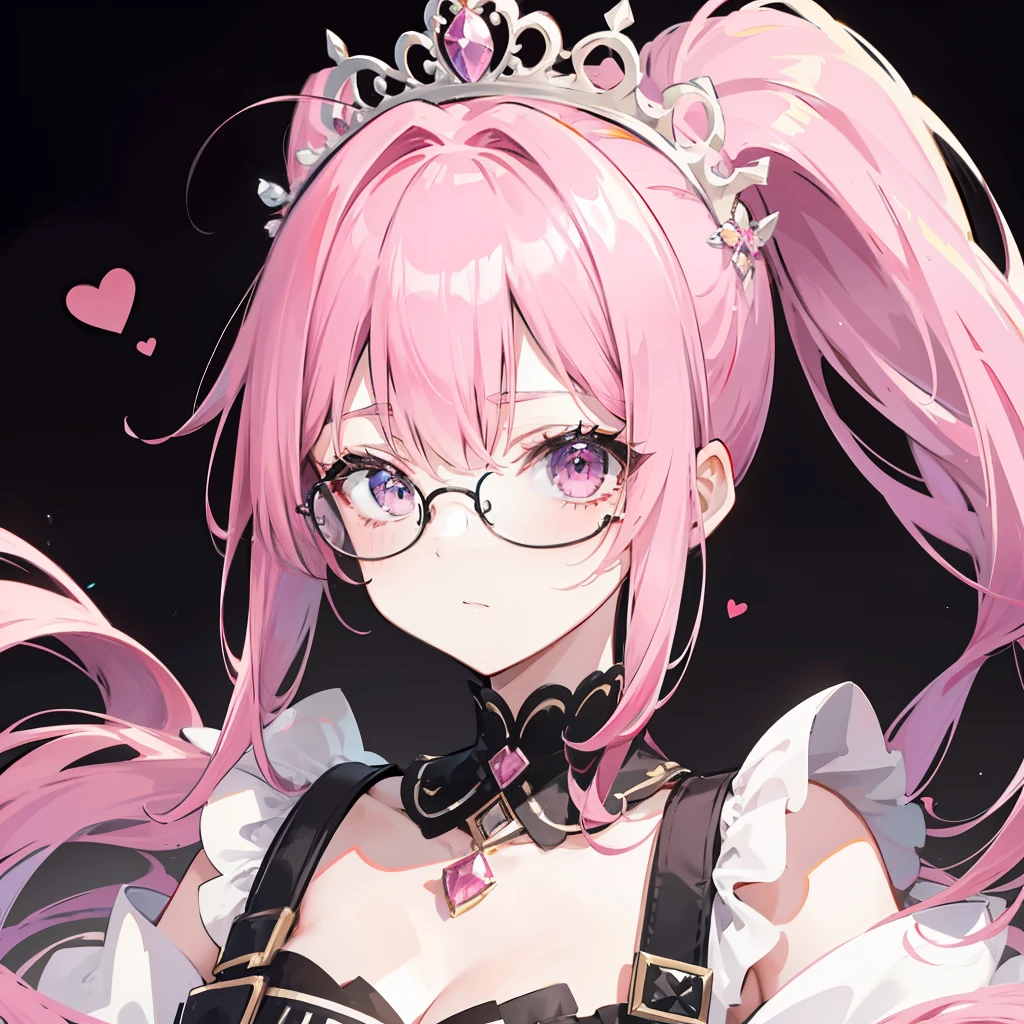 Pink hair,high ponytails,Wear black thick-rimmed glasses,She is a queen-like royal sister,But still lovely,Wear a princess dress that matches pink and white