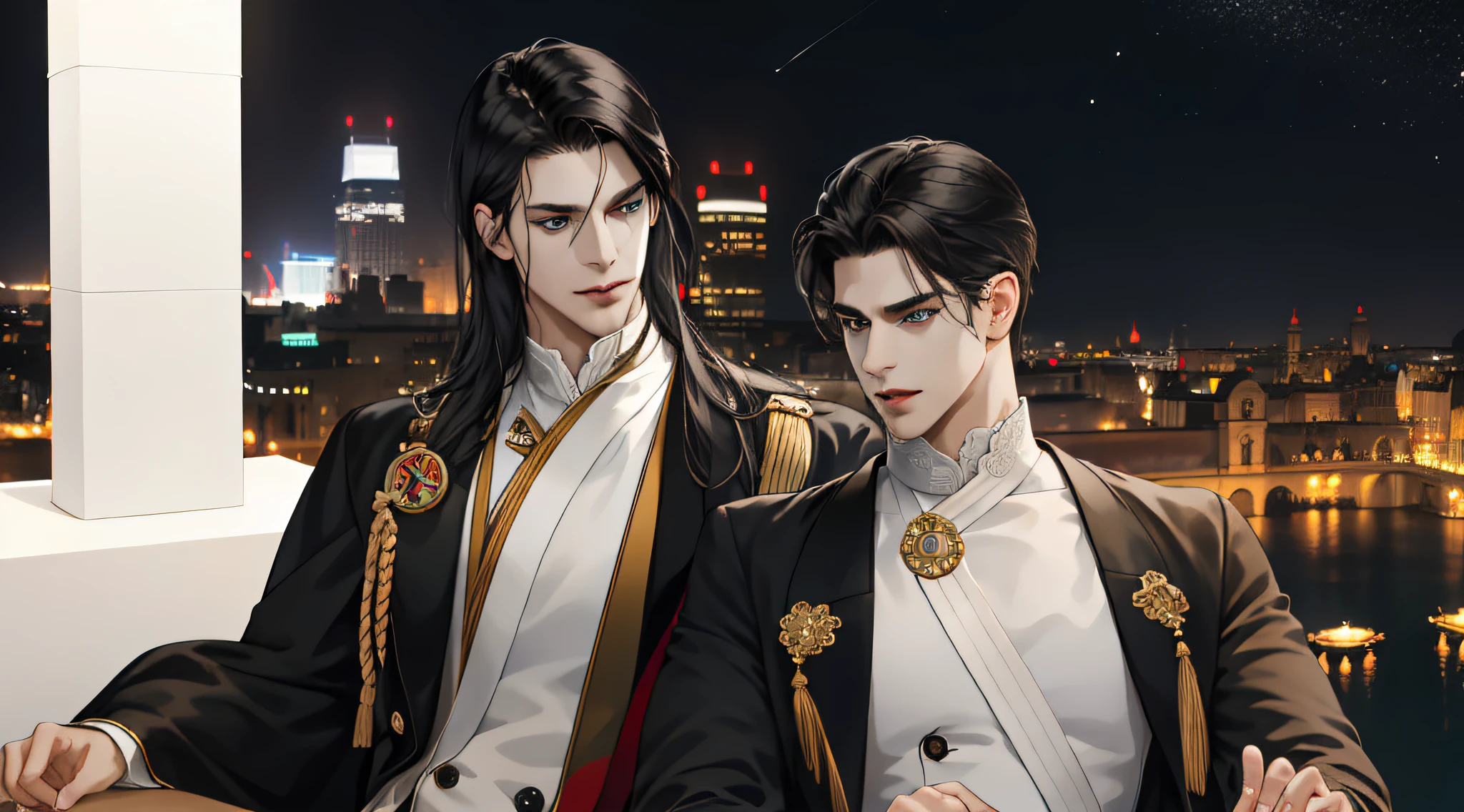 master-piece, excellent, man, handsome, One Man has long black hair., prince uniform, mature adult, Good depiction of eyes and faces, masculinity, masculinity, portrait, Upper body, gentle smile, Fluorescent Face, Shadowless faces, nighttime, dark, Night view, 2 man, The other has fine eyes and face., Very short hair, black hairr, Hair Oil, I'm different., Green Eyes, (pointed chin: 1.4, thick neck: 1.4, Thick eyebrows: 1.4), galaxy behind,