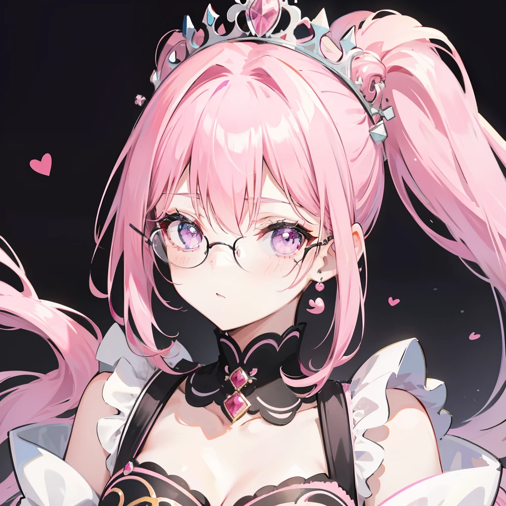 Pink hair，high ponytails，Wear black thick-rimmed glasses，She is a queen-like royal sister，But still lovely，Wear a princess dress that matches pink and white