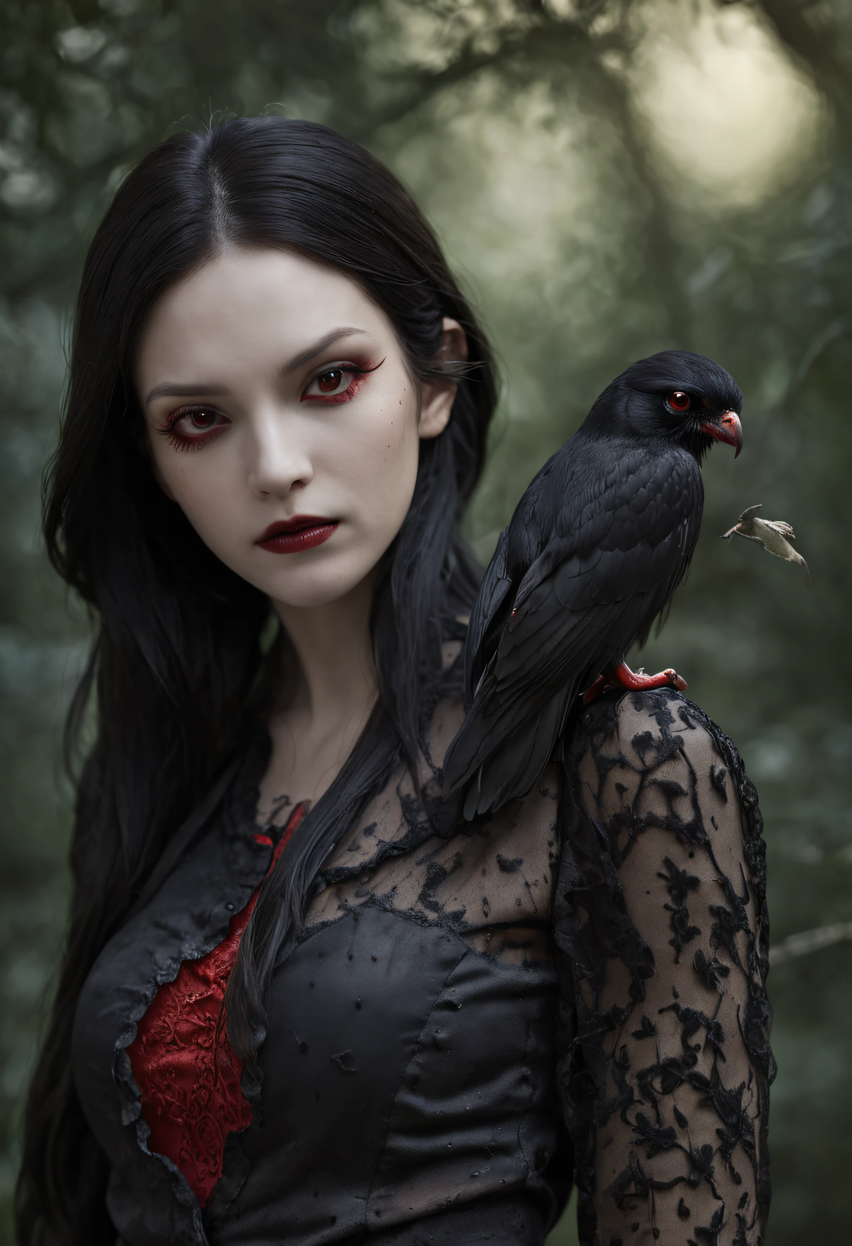 Best quality, Masterpiece, 超高分辨率, (photograph realistic:1.4), surrealism, Dream-like,fusionart, Shadowdancer, shadow magic,Red-eyed, Black-haired vampire,borgar,dead tree,cawing ravens