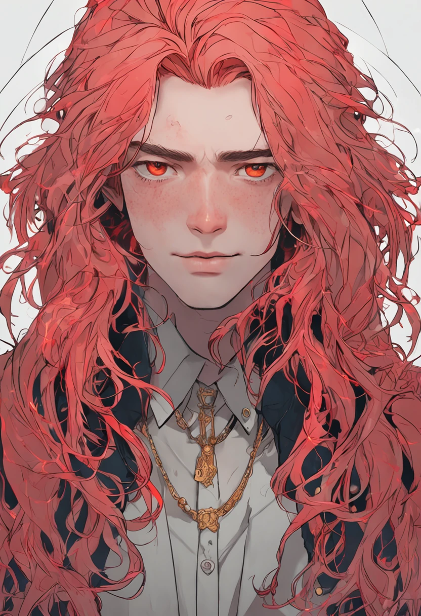 (Extremely detailed portrait of a pale boy with intense red hair and with iridis heterochromia+eyes red and blue)
