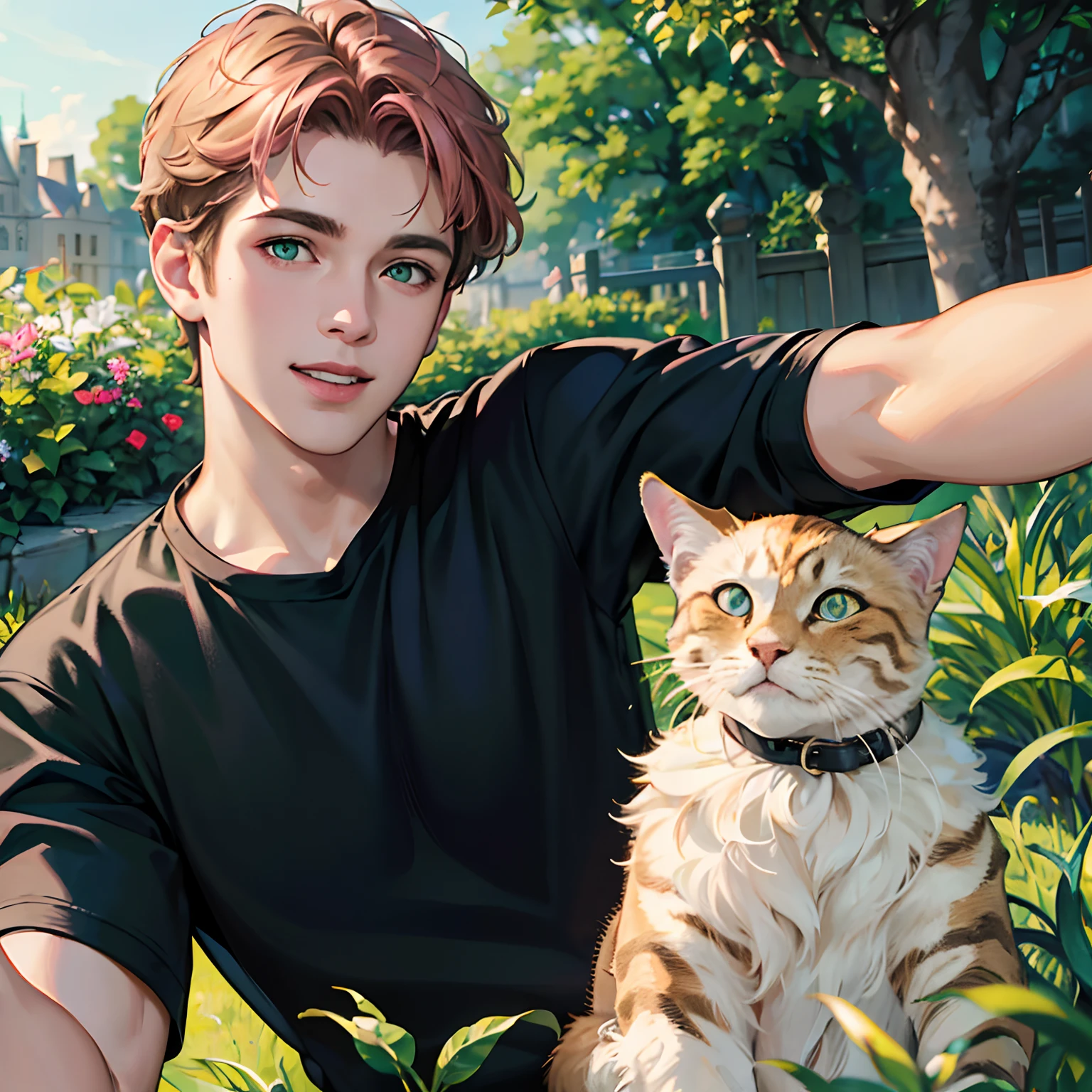 (absurdres, highres, ultra detailed, HDR), masterpiece, best quality, anime boy with light brown hair, green eyes, 2 boy, smile, sunshine, garden, handsome, short hair, villa, looking at viewer, detailed face, ( black shirt ), cool boy, cold male, 8K, Best Quality, Masterpiece, Ultra High Resolution, (Realism: 1.4), Original Photo, (Realistic Skin Texture: 1.3), (Film Grain: 1.3), (Selfie Angle) 2nd boy with short pink hair smile with a cat.
