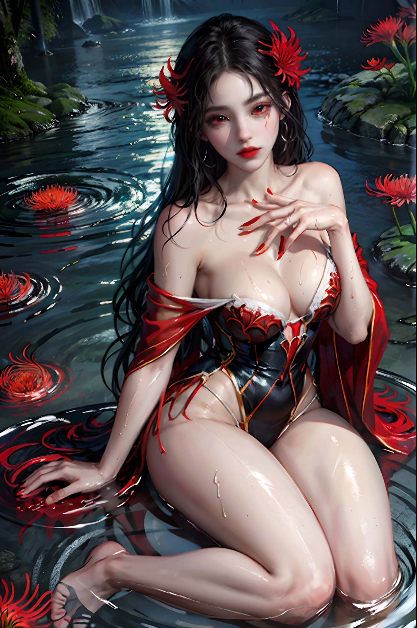 Masterpiece,  8K wallpaper, super detailed, portrait,(full body),
(1 girl:1.3),huge breasts:1.2,solo,//( long black hair:1.3)//,(Medium breasts), ((Perfect body)),//(Beautiful detailed red eyes: 1.3)//,(Back:1.4),(Wet body:1.15),
//kimono,(unbuttoned clothes),clavicle,off-shoulder//,sitting on liquid,
//[(the nether world),(dark:1.5),(in_the_river:1.2),on (blood:1.1),(red_river),((underworld)),(equinox flowers),(fog),blood_splatter, blood_river,(red_flower:1.2),(blood_wavy:1.3), (spider_lily:1.3),(ghosts,blue_fire:1),(ripples:1),(paddle:1),((surrounded by beautiful detailed spider_lily:1.3)),shiny]//