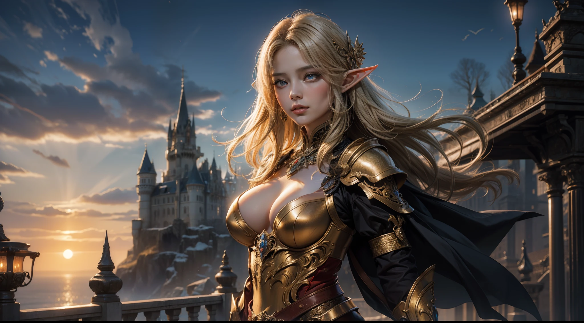 tmasterpiece,top-quality,best qualityer,offcial art,Beauty and aesthetics:1.2),(tmasterpiece:1.3), (8K, realisticlying, RAW photos, best qualtiy: 1.4), beauitful face, (photorealiscic face),超高分辨率, Ultra photo realsisim, highly detailed, the golden ratio, (Award-winning digital artwork:1.3) af (sketching:1.3),(with dynamism:1.3),(Saturation:1.3),(Close portrait:1.3),illusory engine, (High detail: 1.9),(femele:1.4),(big breasts beautiful: 1.4),(carismatic:1.3),Female elf,Large breasts,upperbody shots,dramatics,Armour,The background is the castle,