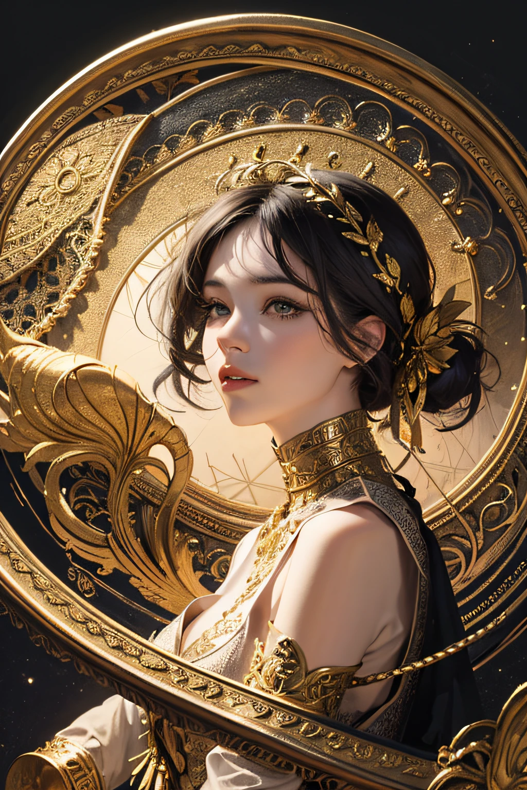 (masterpiece, top quality, best quality, official art, beautiful and aesthetic:1.2), (1girl), extreme detailed,colorful,highest detailed, official art, unity 8k wallpaper, ultra detailed, beautiful and aesthetic, beautiful, masterpiece, best quality, (zentangle, mandala, tangle, entangle) ,holy light,gold foil,gold leaf art,glitter drawing, PerfectNwsjMajic