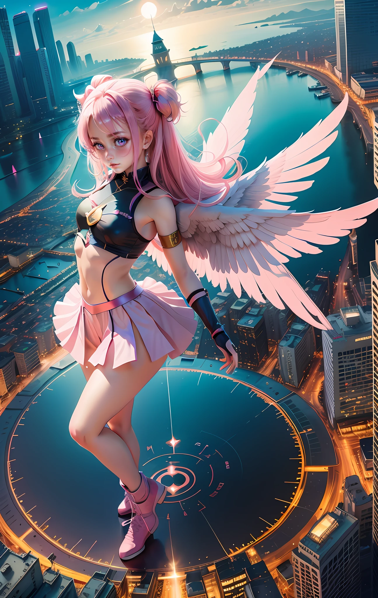 Magical girl,pink,city, blue sky, cloud, magic circle,wings, beautiful shining eyes, like crystal clear glass