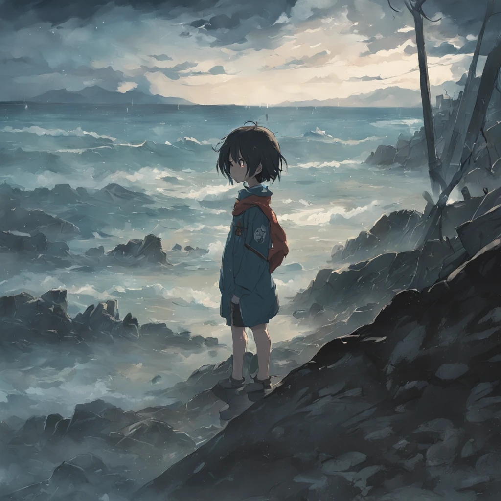 ((obra-prima, melhor qualidade)), Shore image of a child looking on a cliff, clouded skies, background dark, terror ::n_ anime, desenho, baixa qualidade, Imperfection, jogo, boneco