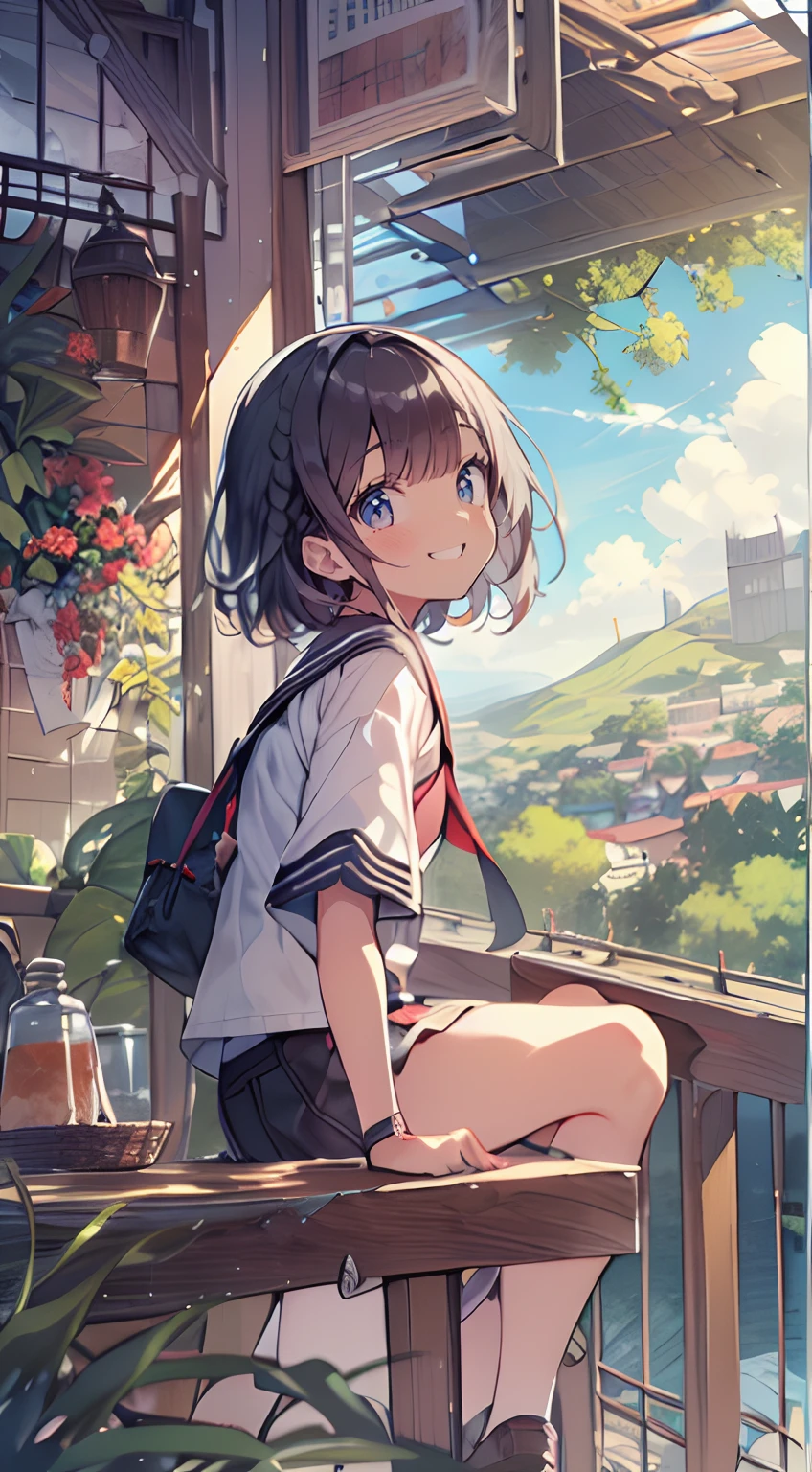 masutepiece, Best Quality,Illustration, Wallpaper, Ultra Detail, Absurd beauty, 1beautiful girl、(Medium short hair、short braided hair), Beautiful ultra-detailed eyes 、student clothes、A refreshing smile、Smaller head、(a panoramic view:1.5)
