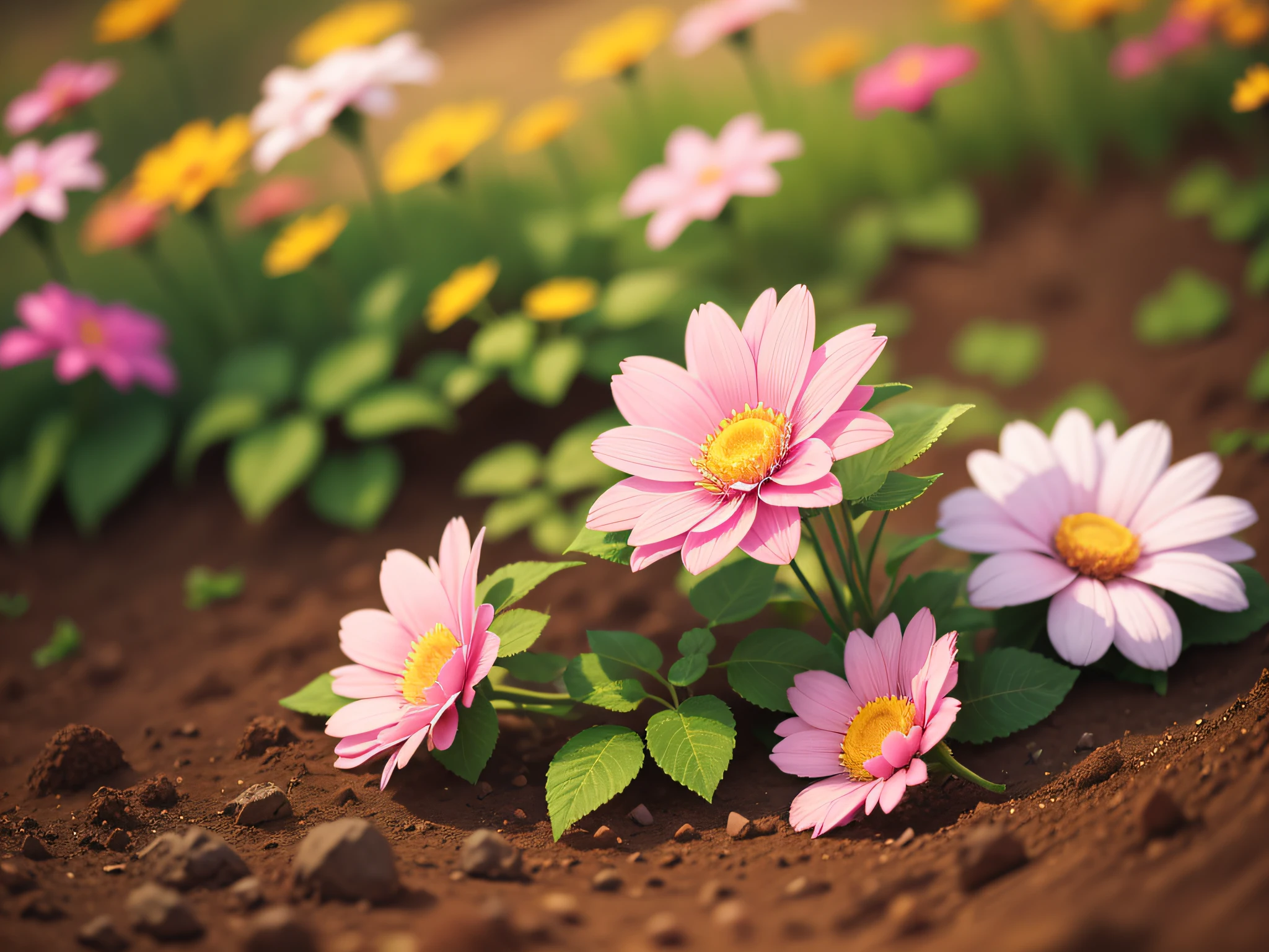 Close-up of flowers growing from the dirt in the garden,Flowers are blooming,Halo embellishment,Background bokeh,depth of fields,Halo,autumnal,trpical garden,florals,flower field,ue6,pink there,A plant,Sunnyday,Bokeh,bblurry,Up