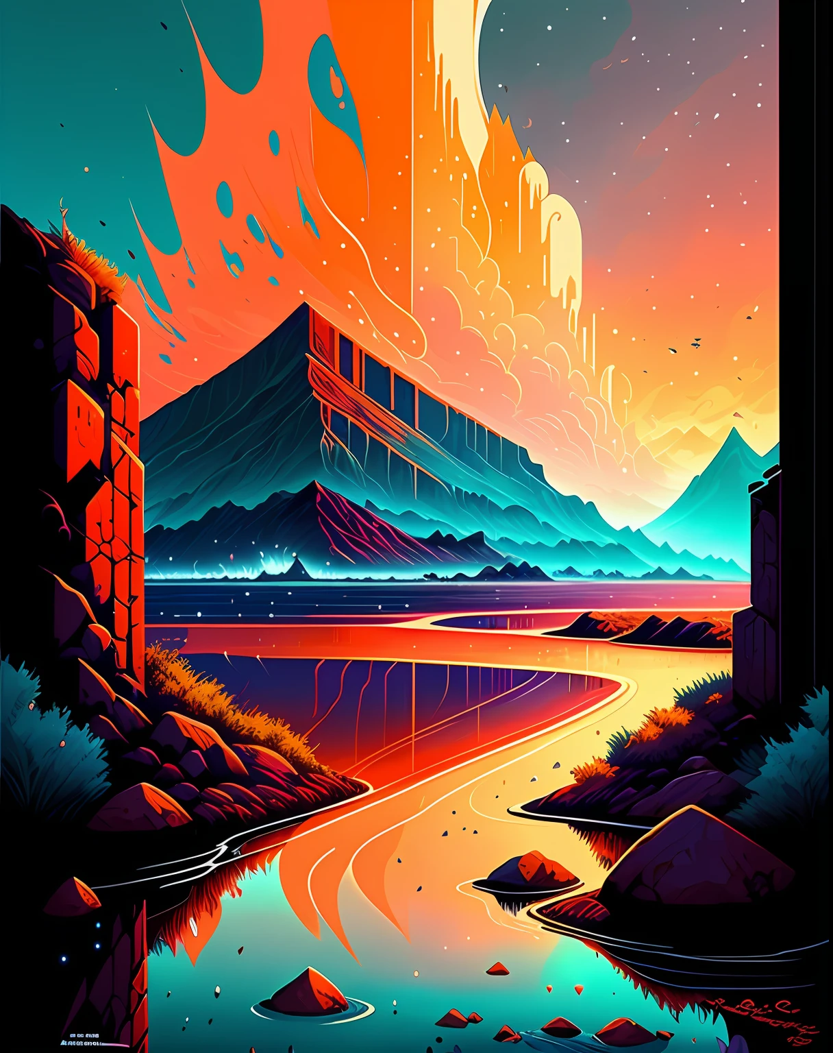 make a letter A beautiful land full of water and lava, intrincada, obra-prima, especialista, insanamente detalhada, 4k, compositing, enquadramento, centrado, simetria, pintada, intrincada, volumeric lighting, bela, rica obra-prima de cores profundas, foco nítido, ultra detalhado, no estilo de dan mumford e marc simonetti, astrofotografia