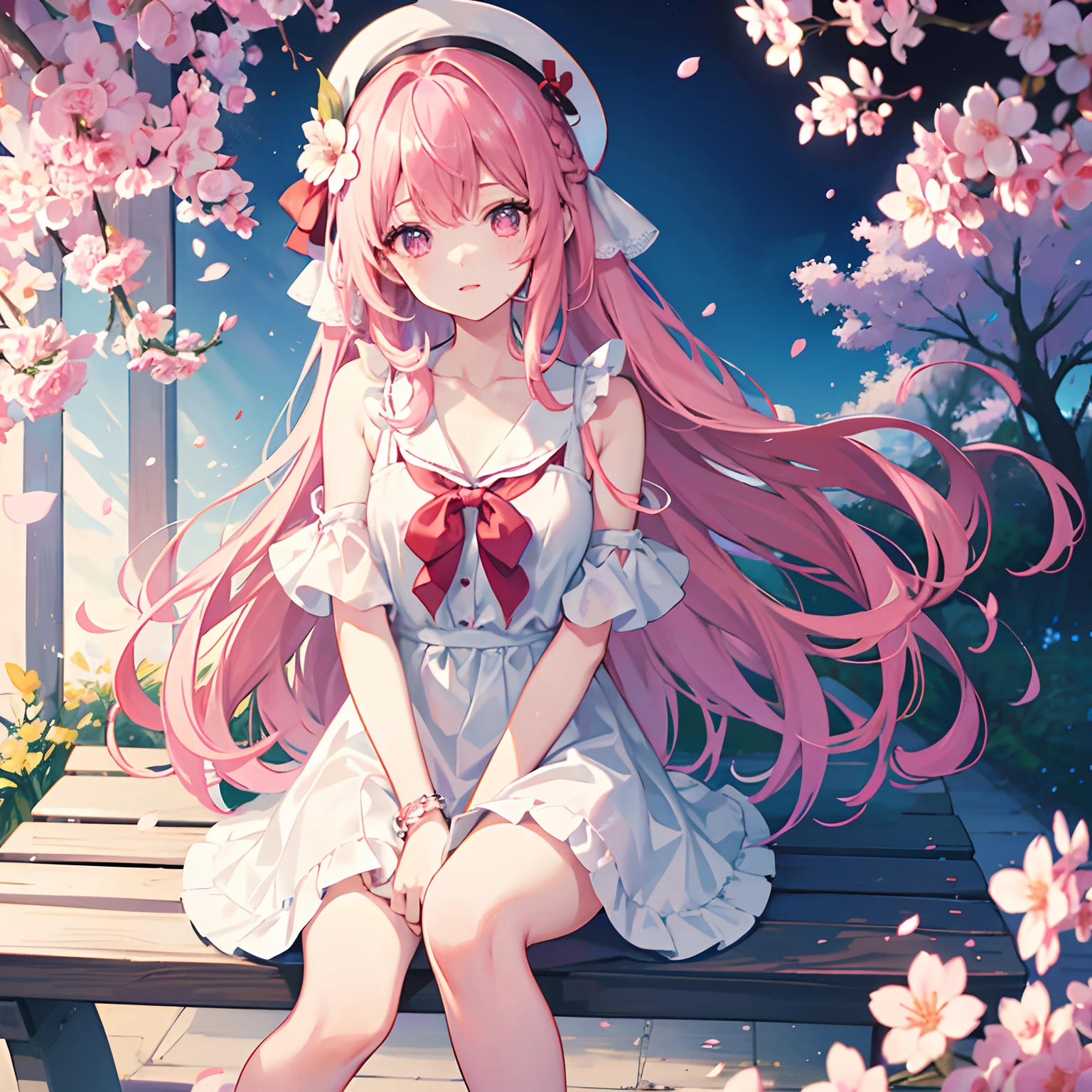 {1girll,独奏}Long cherry blossom pink hair,Floating long hair,Single braid,Tie-up hair on one side,Red bandage,Staggered bangs,White color blouse,Delicate purple eyes,Bright pupils,The collarbone is clearly visible,White fedora,Short white dress,(excited expression),red bowtie,(White one-piece stockings),Bare shoulders,Pink bracelet,Colorful petals,the cherry trees,benches,(sportrait:1.2),Tilt your head and look,Asphalt pavement,Carrying a pink school bag,(facial closeups:1.2),(eye closeup:1.2),Sitting,(solofocus:1.2),(Best quality at best),(extremely detaile),(Unique),(Delicate background),(Masterpiece),(Ultra-high resolution),(Very detailed 8k wallpapers),cinmatic lighting,Volumetriclighting,light particules,Face Shadow,(Fine beautiful face and eyes),depth of fields,ssee-through,hdr,Ray traching,dynamic scene,