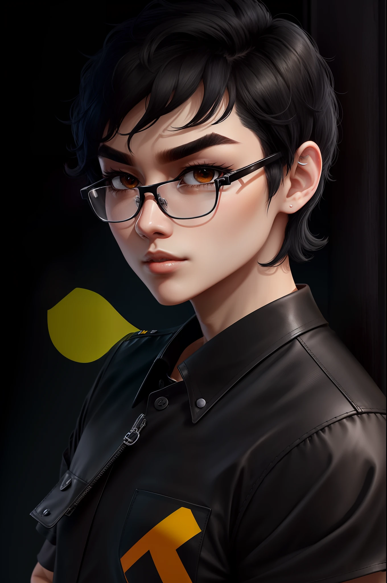 mtu，Black short sleeves on the upper body，Black trousers on the bottom，Black leather shoes，Yellow skin，with short black hair，The eyebrows are black and thick，National character face，The chin is rounded，tall nose bridge，wears glasses，Height 1.7m，