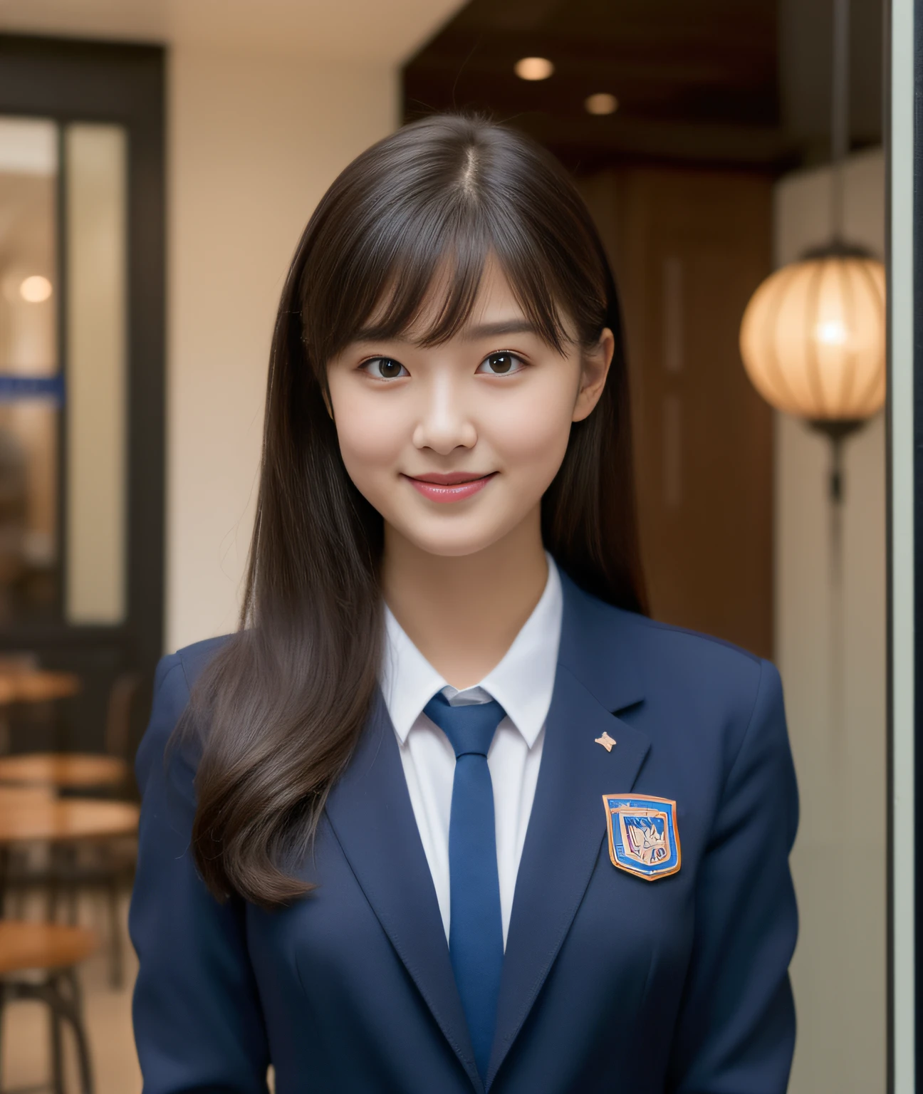((Best Quality, 8K, Masterpiece: 1.3)), a beauti, In addition, melon face, Friendly and cute, sweet smile, Pure desire, Slender body, (s whole body), (tilted head), ((looking at camera)), Medium Black Silky Straight Hair, Long flowing shoulders, round black big eyes, clear big eyes, moist red lips, Cafe shop background, ((full body shooting)), (SkyBlue Blazer, bows, Sock, High School Uniform: 1.2, ), (Middle breast)