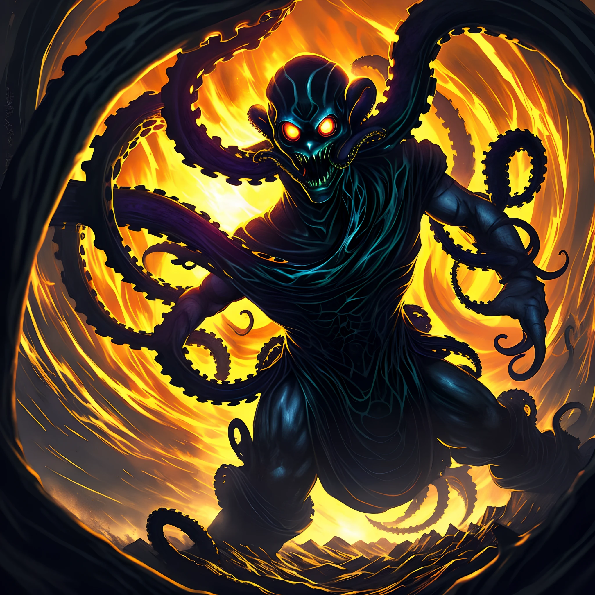 A painting shows a man struggling in the dark，Wriggle towards where there is God's light，Behind him is unknown in the darkness，Tentacles with mucus（Tentacles of destiny）Attack him，His expression was terrified。
