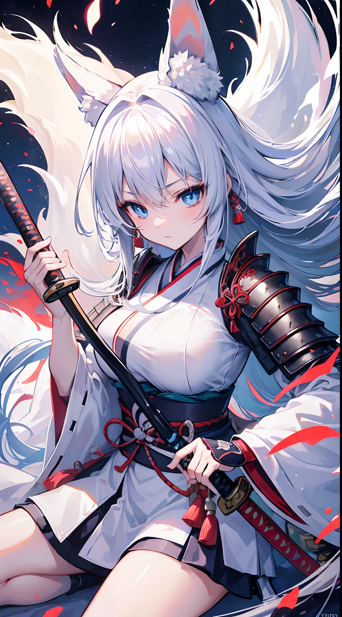 High quality, masterpiece, ultra-detailed, white kitsune samurai, long hair, enchanting blue eyes, holding one sword, katana, japanese style armor, fiery background