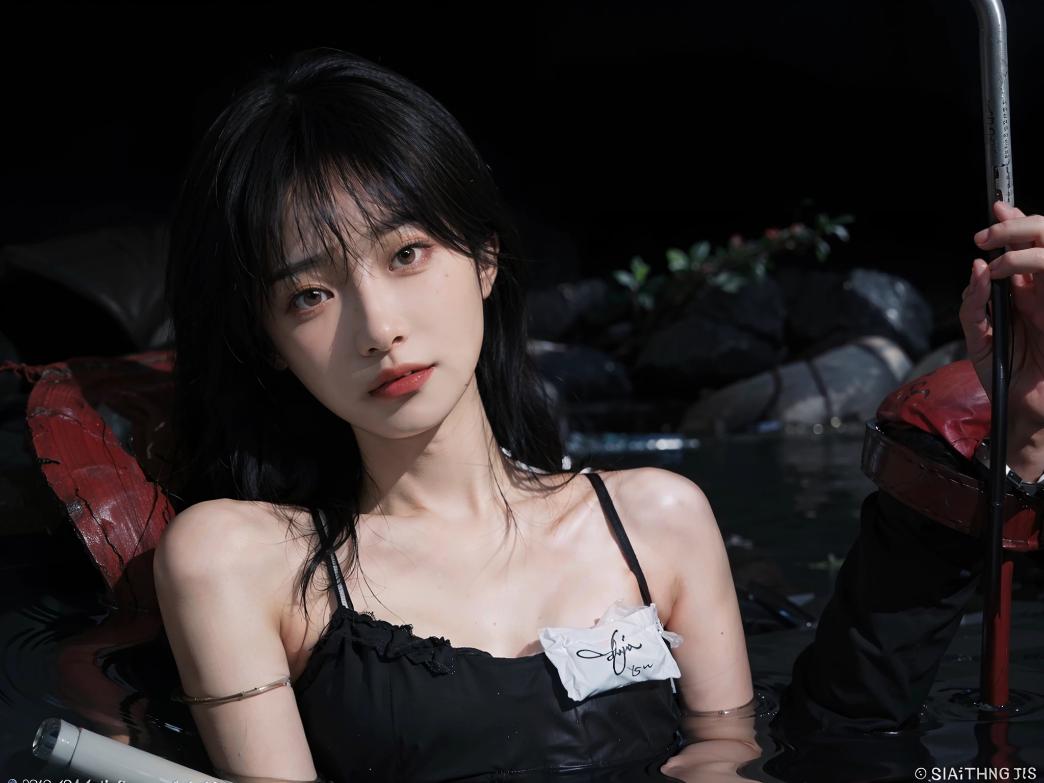 1girl,afloat,artist_name,asian,black_eyes,black_hair,blurry,blurry_background,blurry_foreground,closed_mouth,depth_of_field,eyelashes,lips,lying,nose,on_back,partially_submerged,photorealistic,realistic,red_lips,signature,solo,water,watermark,web_address