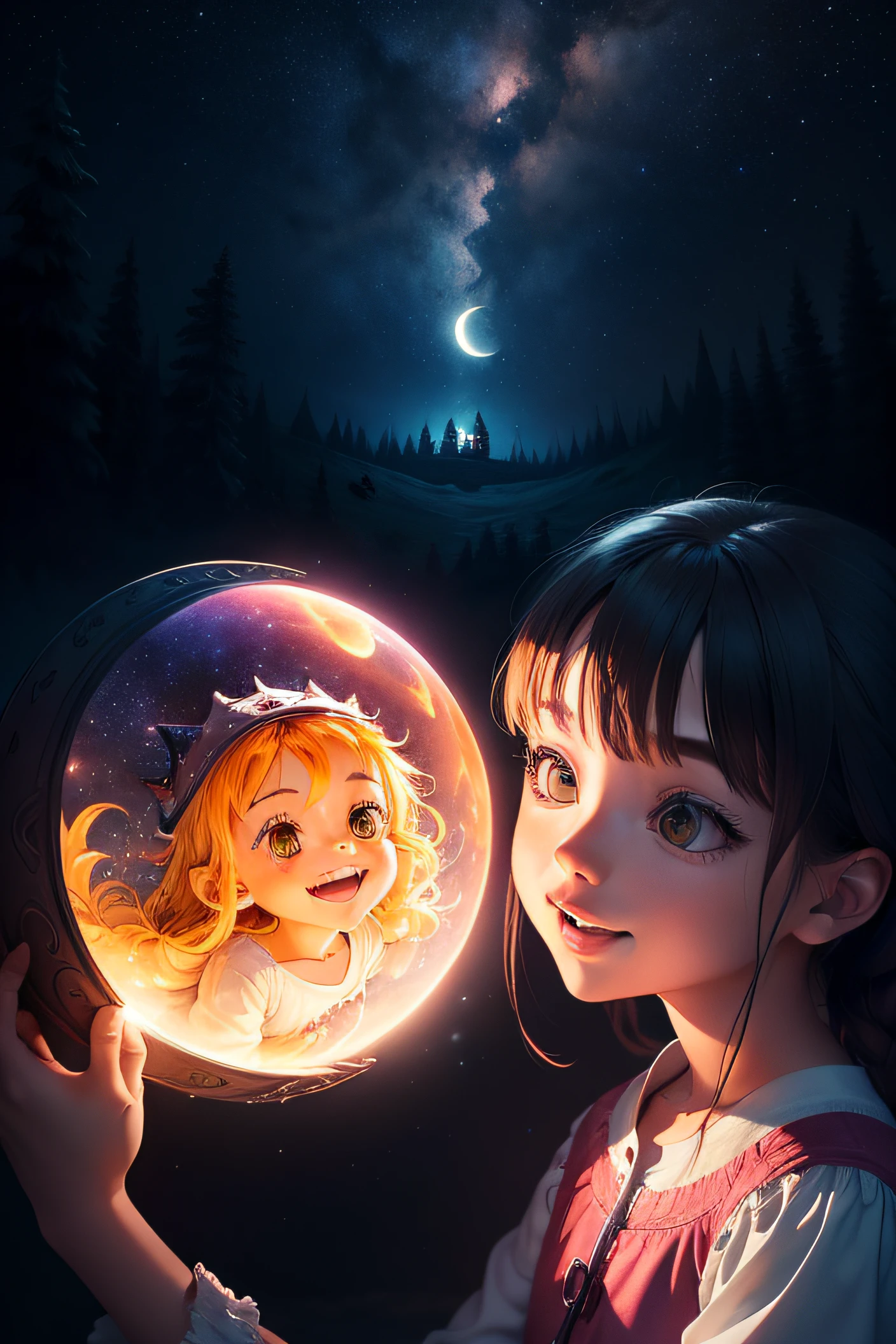 "Crie uma imagem com uma atmosfera encantadora e infantil. Nessa imagem, inclua os personagens, both exploring a night scene full of wonders. Add a starry sky with smiling stars and a friendly watching moon. Ademais, Insert a translucent spirit with a friendly and bright appearance, as a magical guide on the night journey. Use soft, vibrant colors to create a cheerful and magical environment that resonates with children's audiences. Let your creativity flow and capture the sense of adventure and mystery."