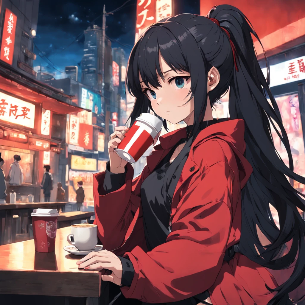 Girl with black hair ponytail、27yo、a red jacket、Black dress、During the crossing、drinking a cup of coffee、Cool Red Room