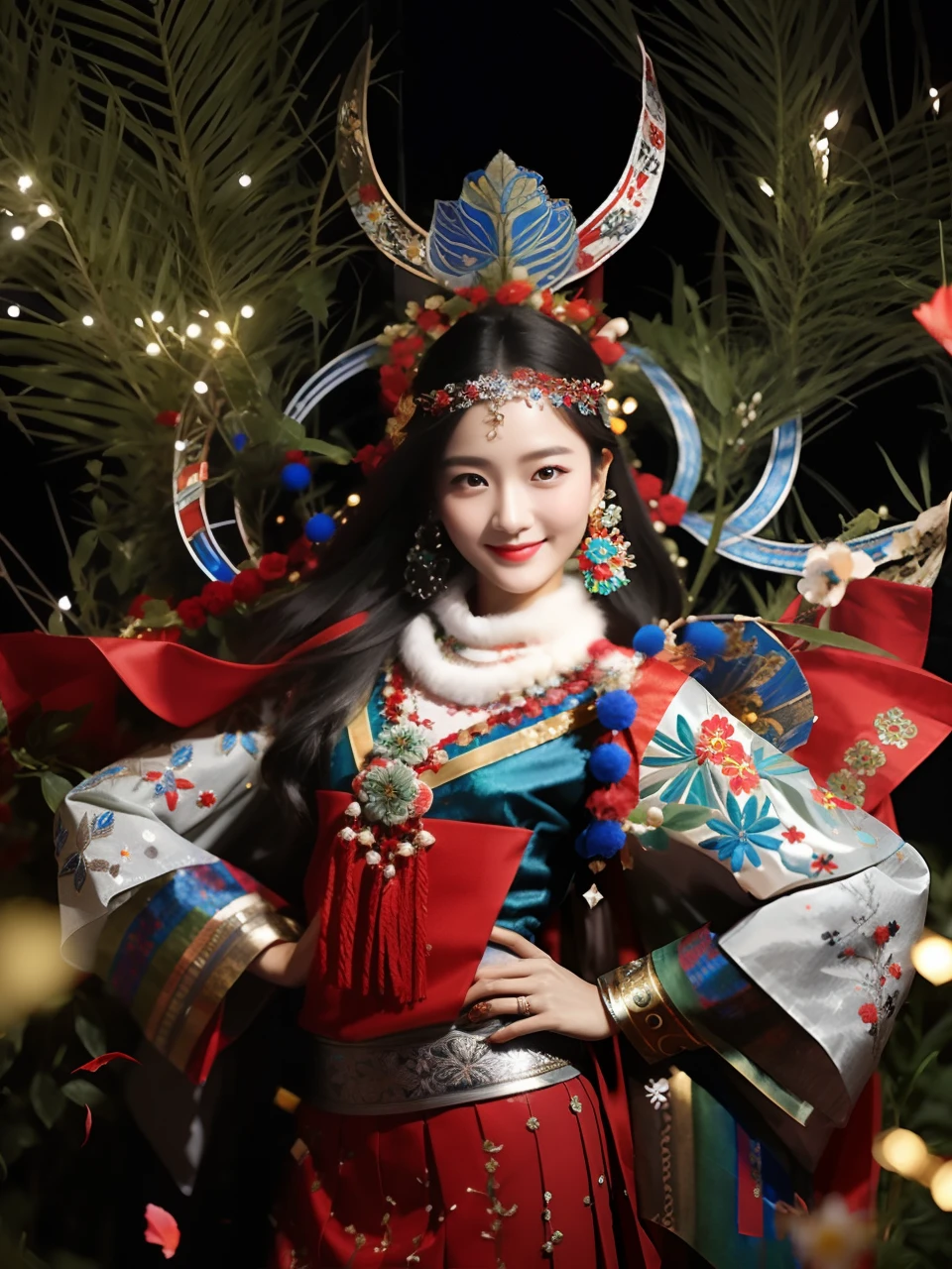 (8K分辨率,Vista full body photo),(1womanl,20yr old,(Facial features of Thai Min:1.8,s delicate face),Lovely face,com rosto detalhado,详细的脸,ccurateblack hair,(Messy has layers),Redlip,Fair smooth skin,(Traditional Protoss women's clothing:1.4,(Silvercoat,pleatedskirt,There is a belt(silver ornaments、embroidery、batik)Satin,fur,The clothes are decorated with floral fabrics,The cuffs are multi-colored horizontal strips,Cardigans,Silver flowers on the head。Short waist long version,Delicate pleated skirt,The calves are wrapped around the flowers and feet),Tall and tall,The action of the conversation,perfect hand,Ultra-fine clothing material),(Traditional village,Background of night,Exquisite environmental details),(exhilarated,confident smile,Rejoice),(profesional lighting,动态照明),((Color balance,(white colors,Silvertone,blue colors,red colour))),(falling flower petals,Golden section,Cinema lenses,Hasselblad photograp,tmasterpiece:1.3),(Miaozhai idol,Focus on the field,trendsetting,Folklore artist,Art platform)
