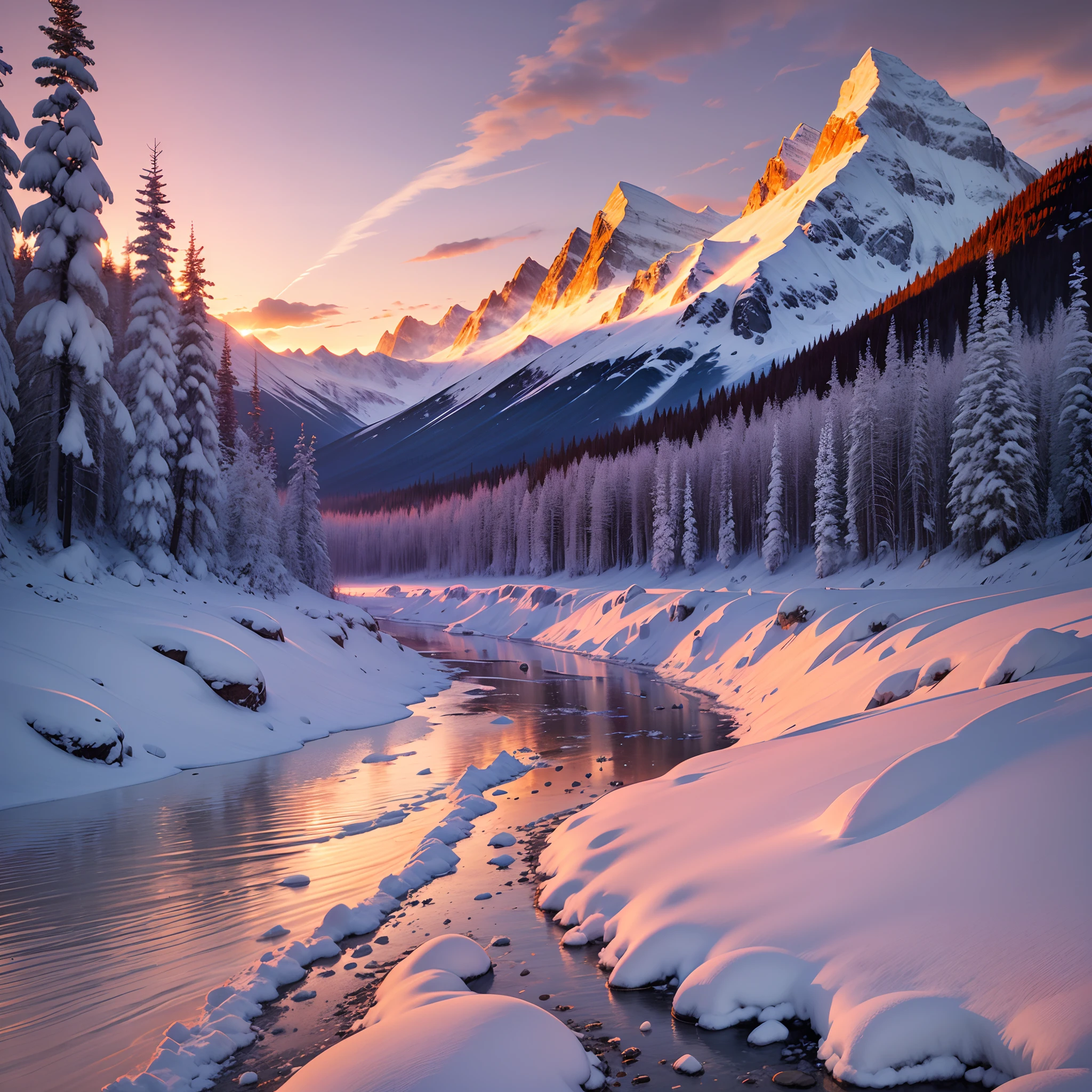 Sunset on snowy alaska mountains shore, god rays, beautiful pink and purple sky --auto --s2